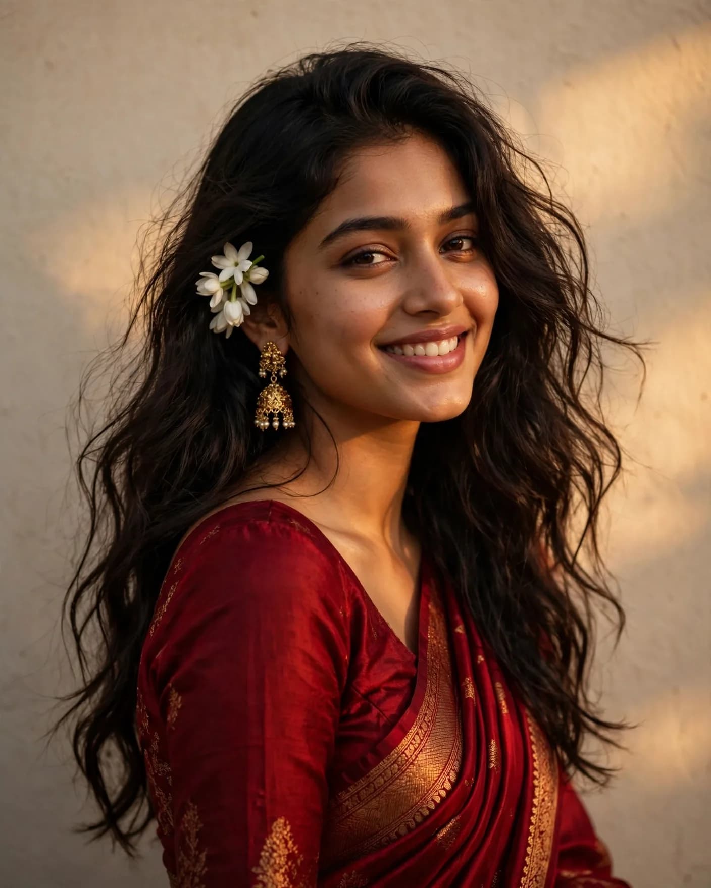 Red Saree Golden Hour Portrait Prompt