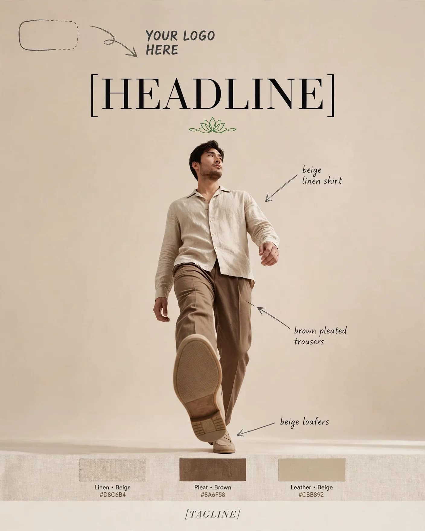 Beige Menswear Editorial Clean Tones Stride Poster Editable AI Prompt