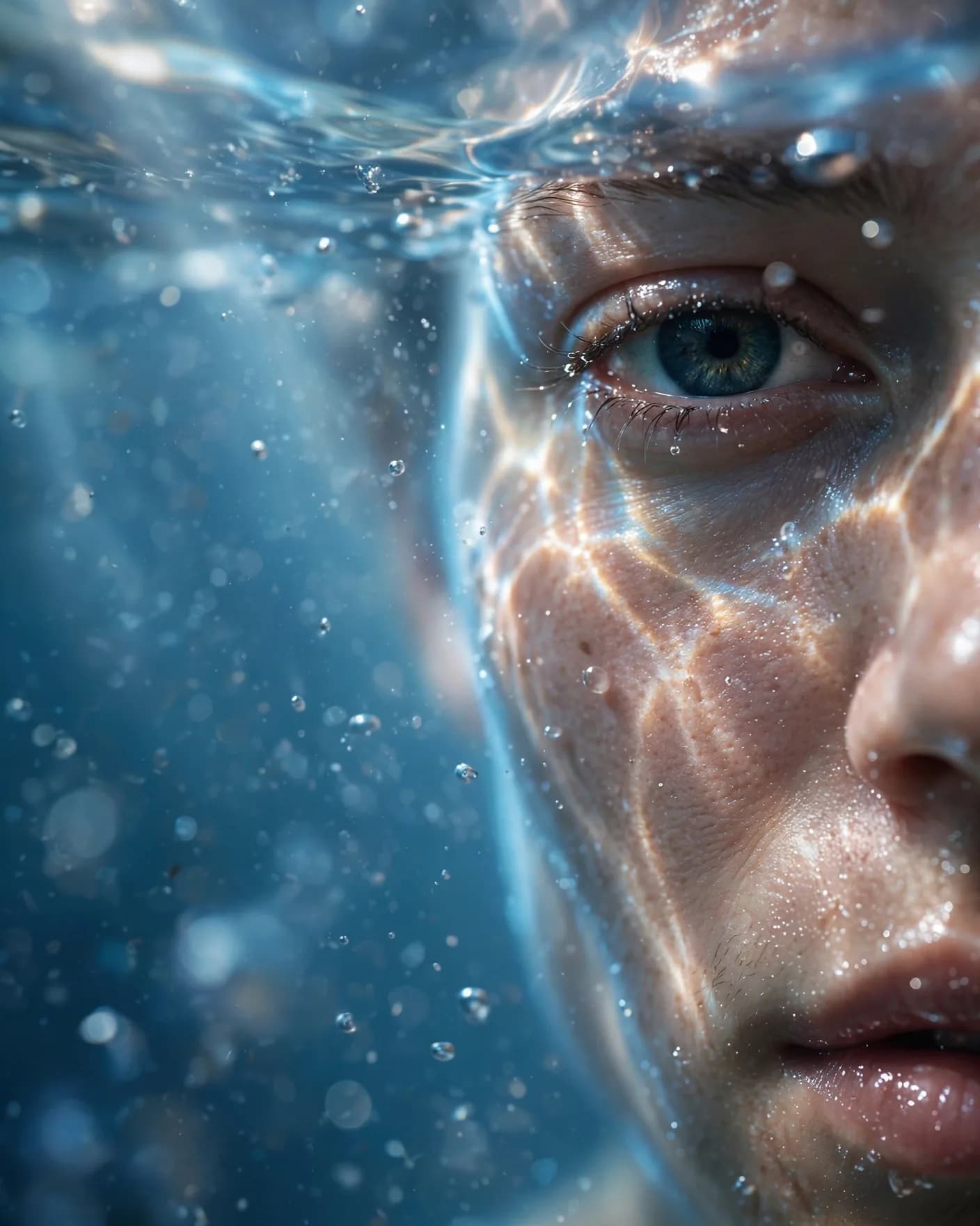 Underwater Macro Portrait Prompt — Half Face Beneath the Surface