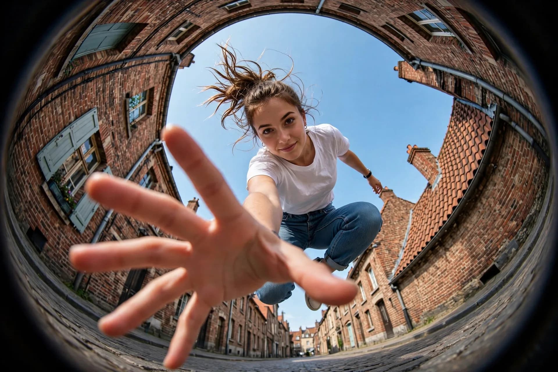 Extreme Fisheye Street Portrait Prompt — Ground-Level Action Shot
