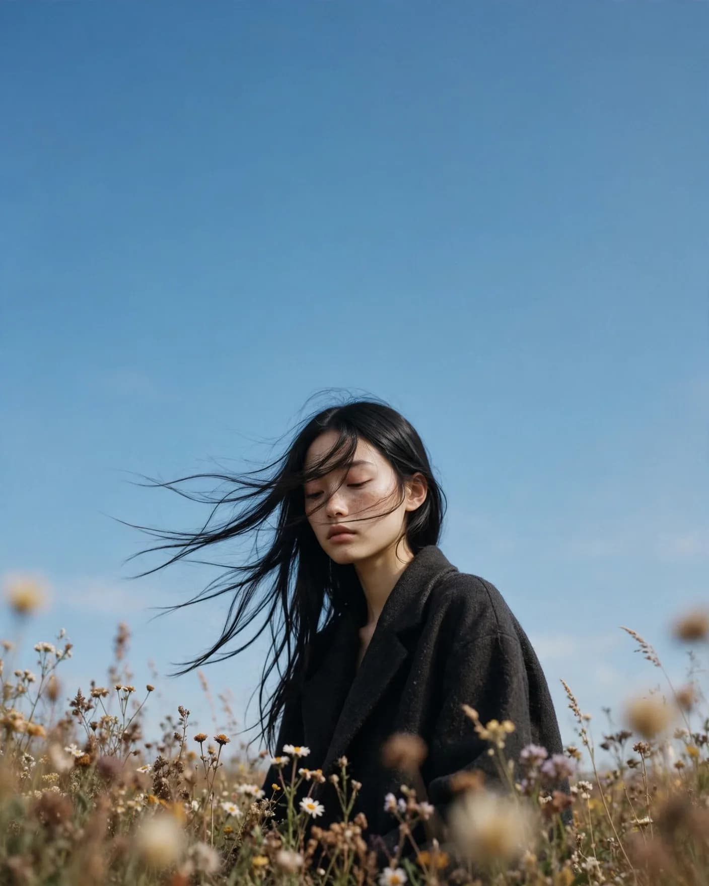 Meadow Wind Cinematic Portrait Prompt — Endless Blue Sky (4:5)
