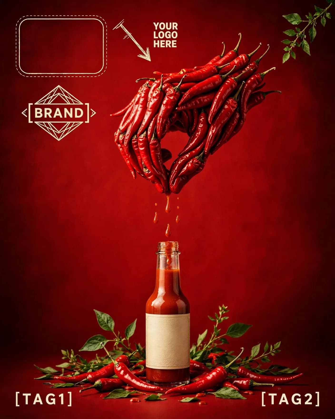 Spicy Red Hot Sauce Pepper Hand Monumental Ad Editable AI Prompt