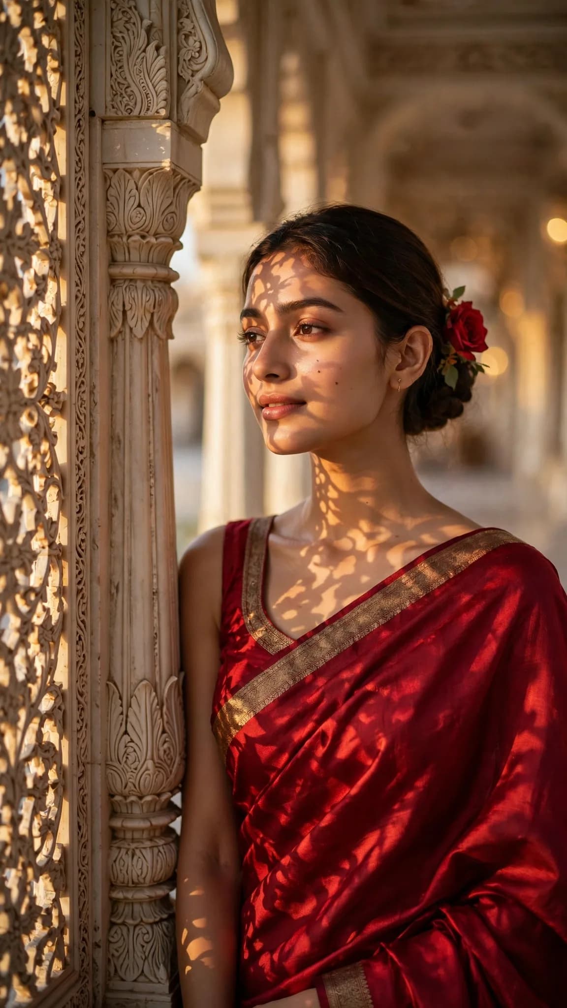 Crimson Saree Palace Portrait Prompt — Heritage Golden Hour (9:16)