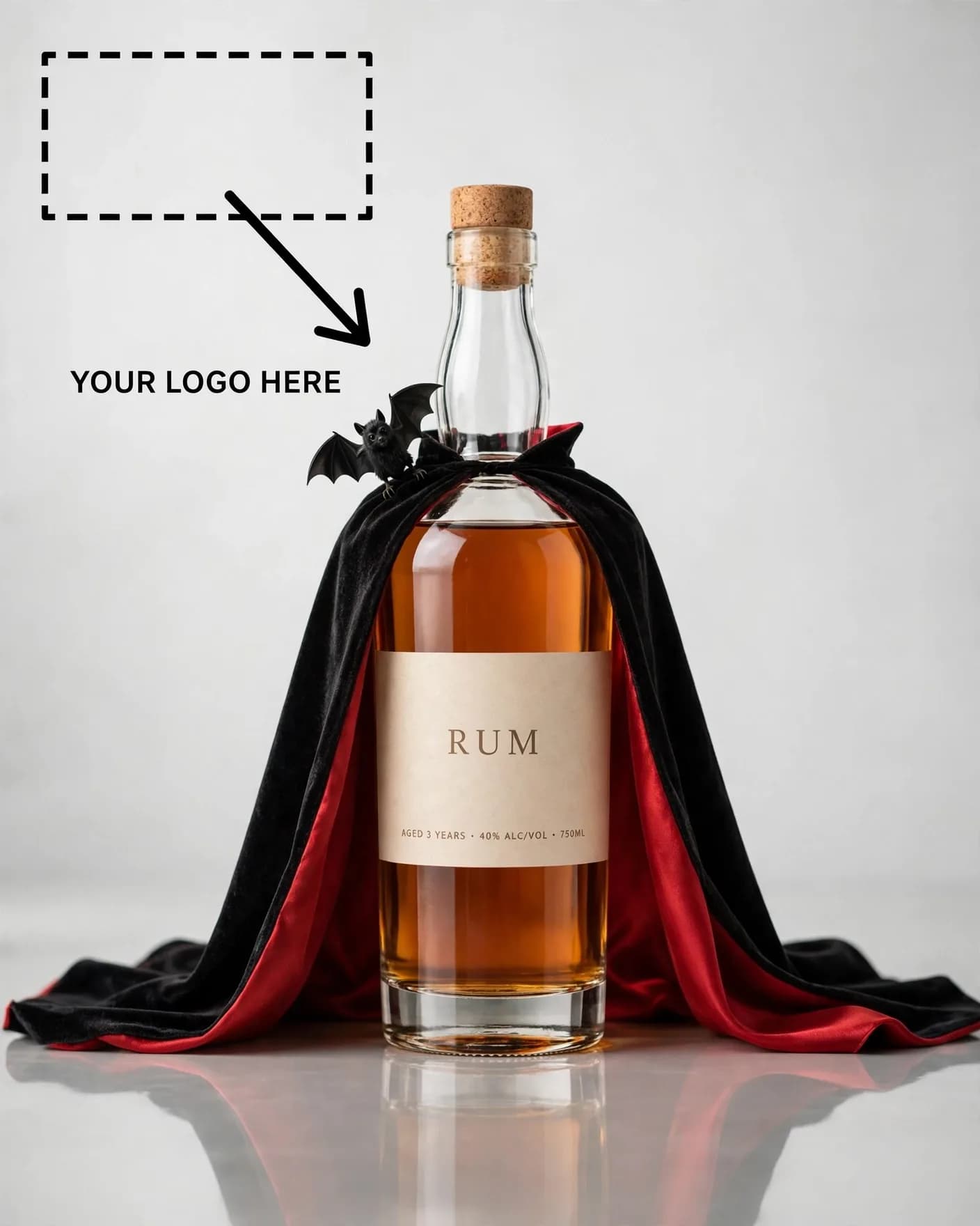 Halloween Vampire Cape Rum Bottle Spooky Seasonal Ad Editable AI Prompt