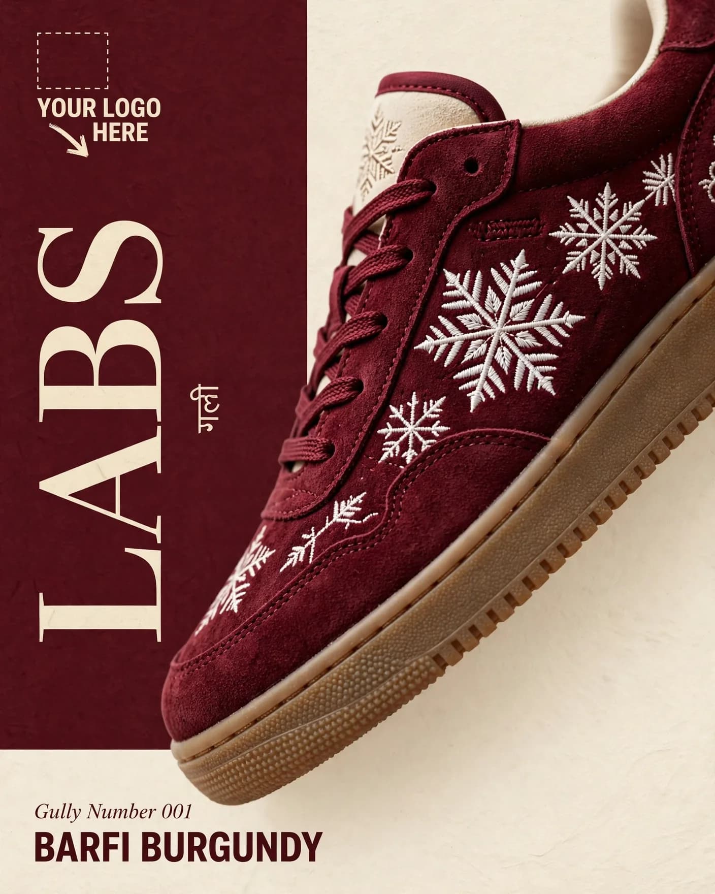 Burgundy Suede Embroidered Sneaker Desi Streetwear Ad Editable AI Prompt