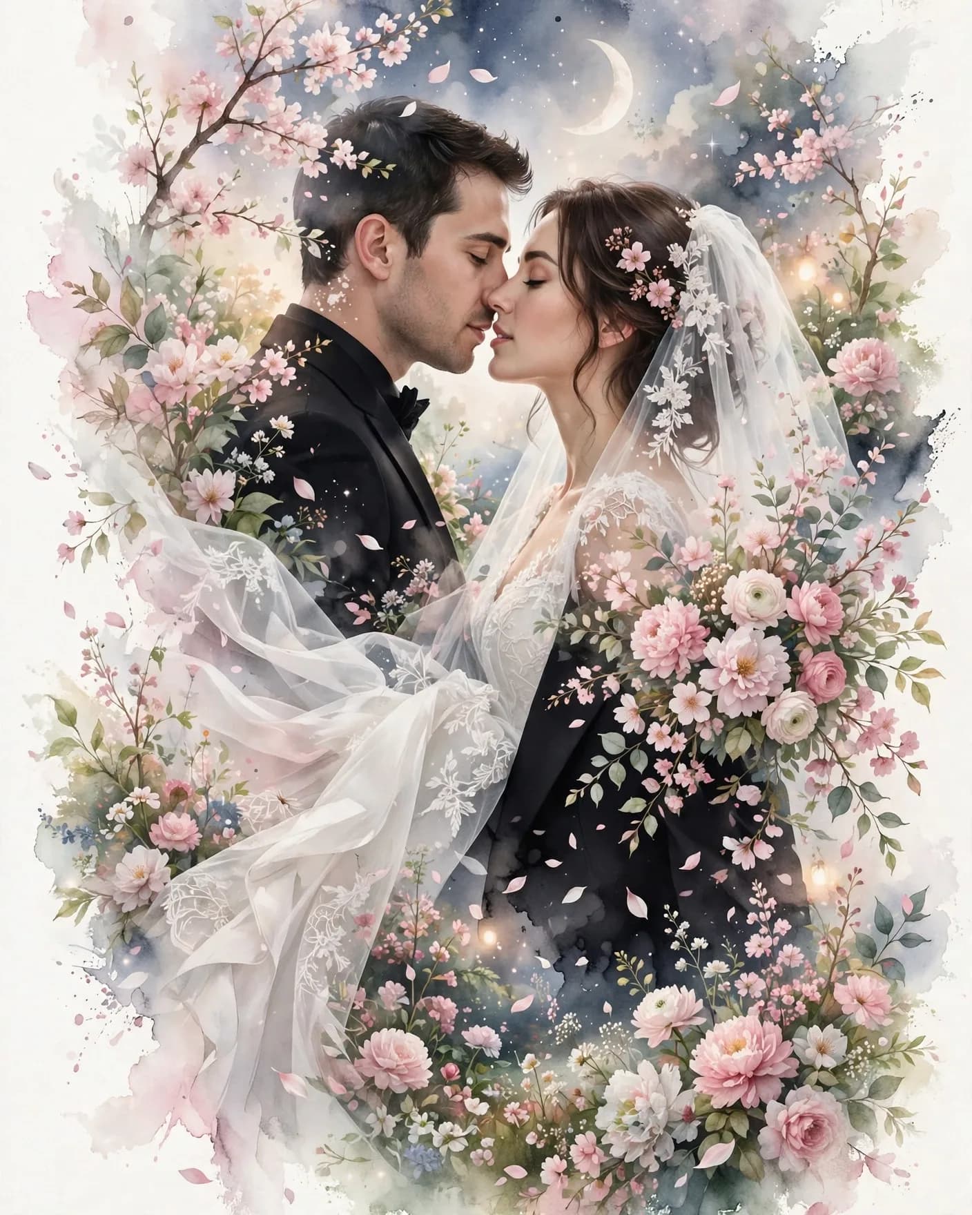 Dreamy Wedding Double Exposure Prompt — Floral Fine-Art Collage