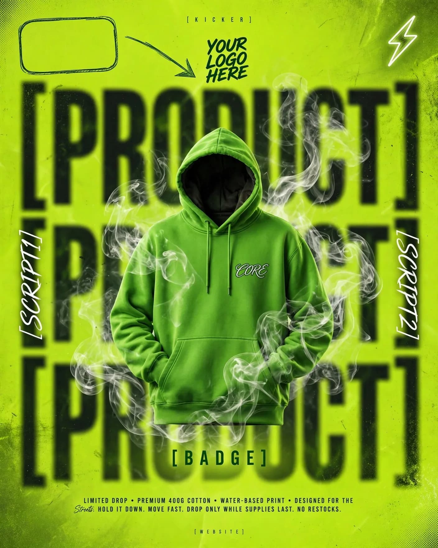 Neon Lime Hoodie Streetwear Hype Smoke Poster Editable AI Prompt