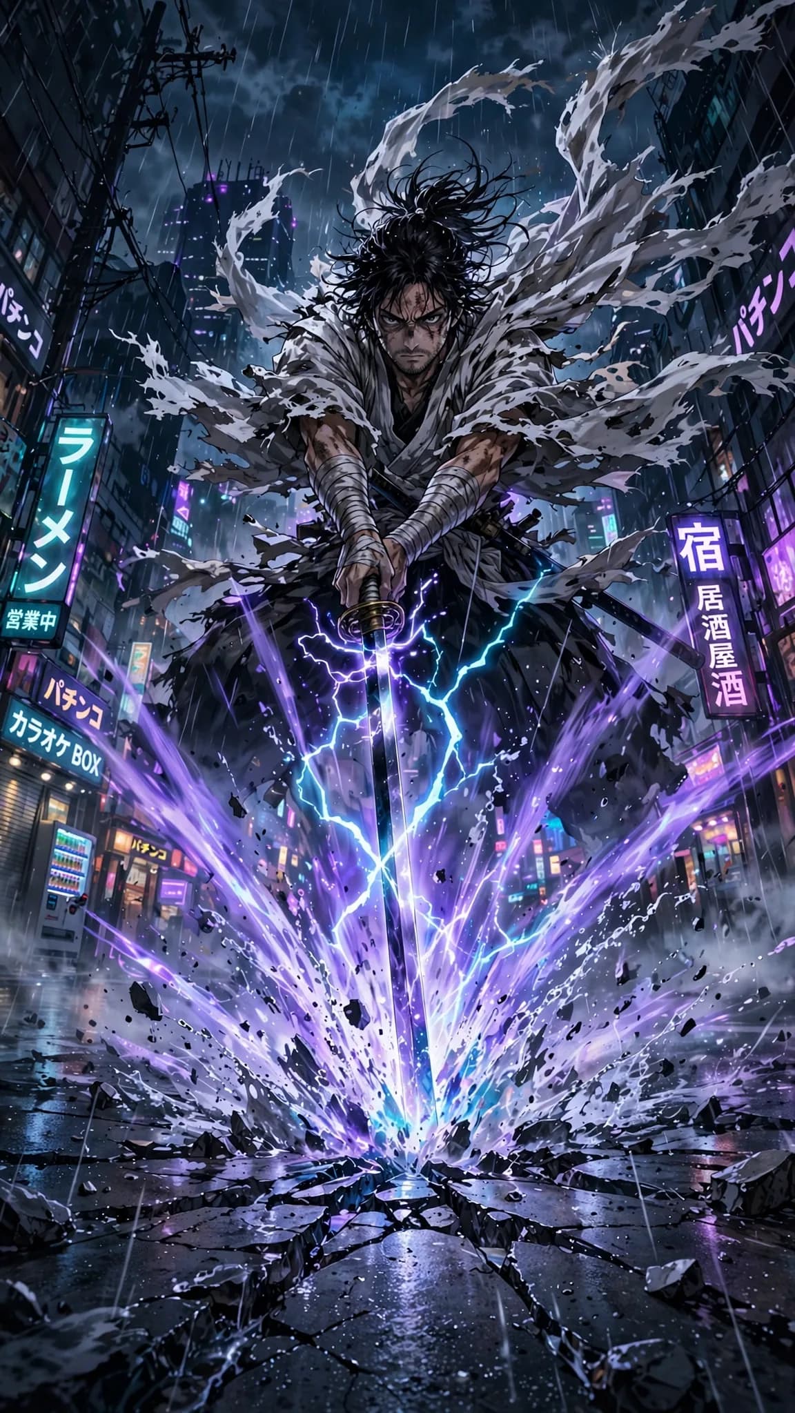 Dark Seinen Anime Key Visual Prompt — Neon Rain Sword Scene (9:16)