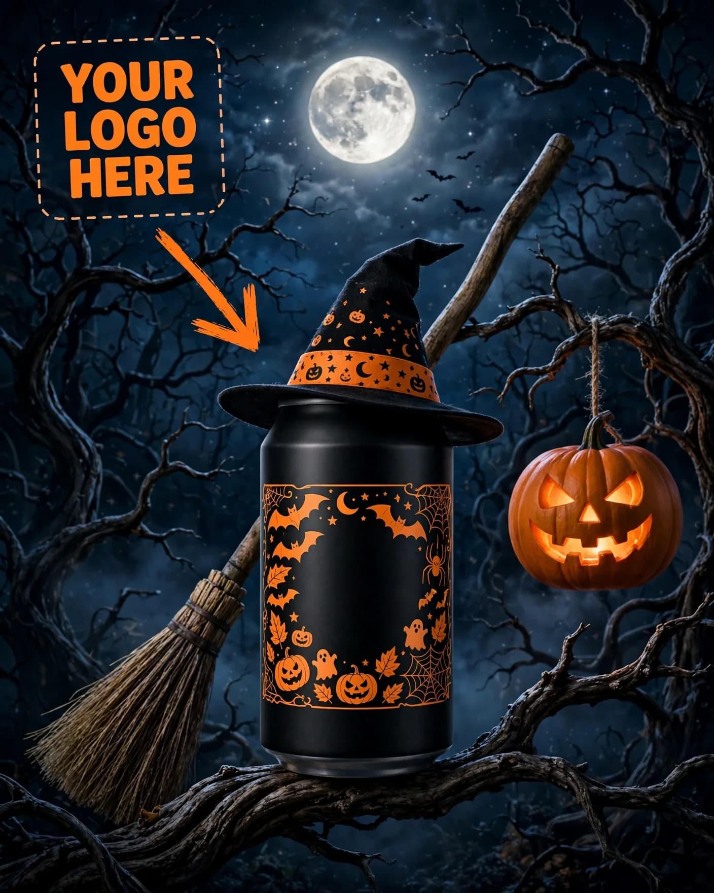 Halloween Witch Hat Black Soda Can Spooky Beverage Ad Editable AI Prompt