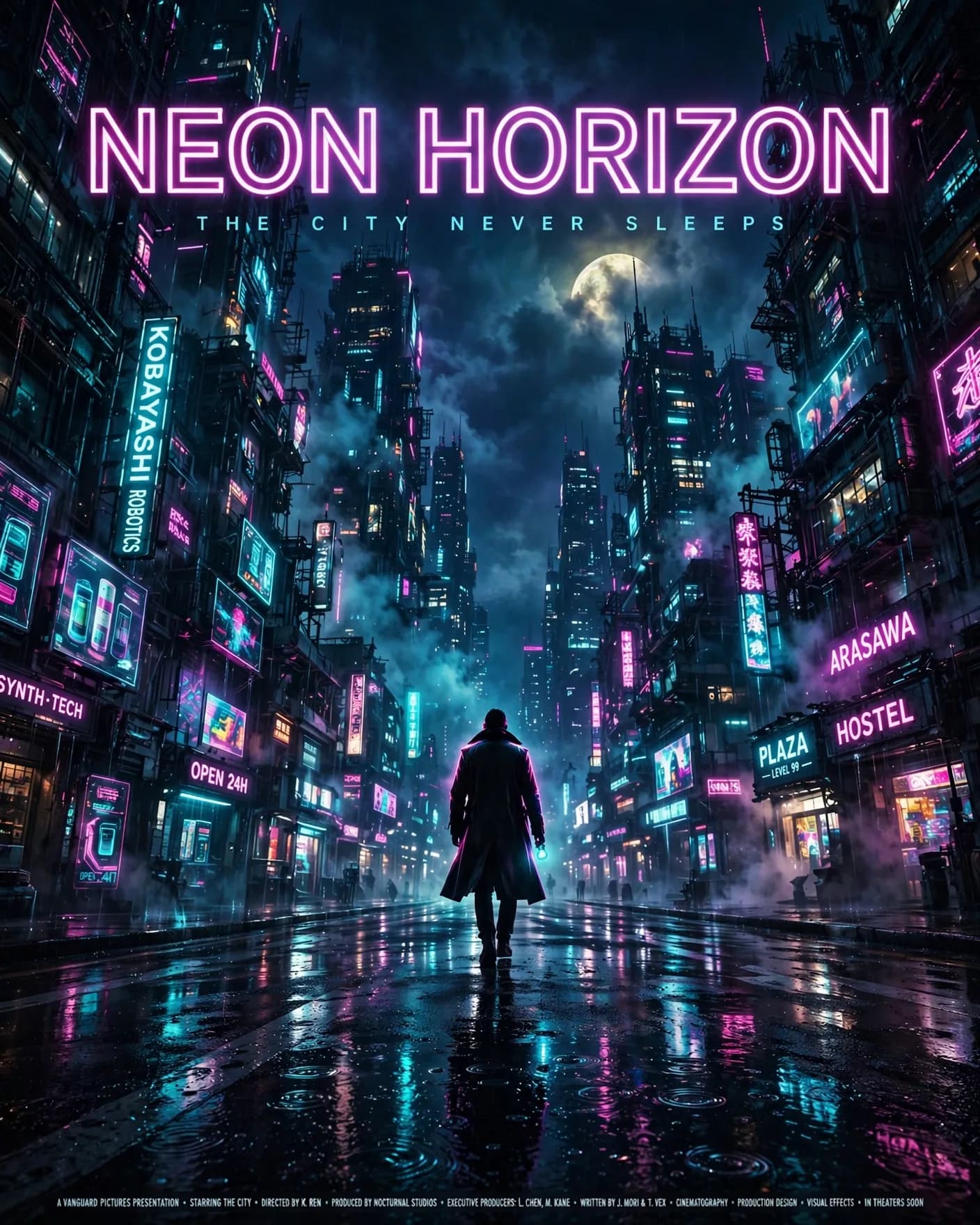 Neon-Noir Cyberpunk City Movie Poster Prompt — Cinematic Key Art (4:5)