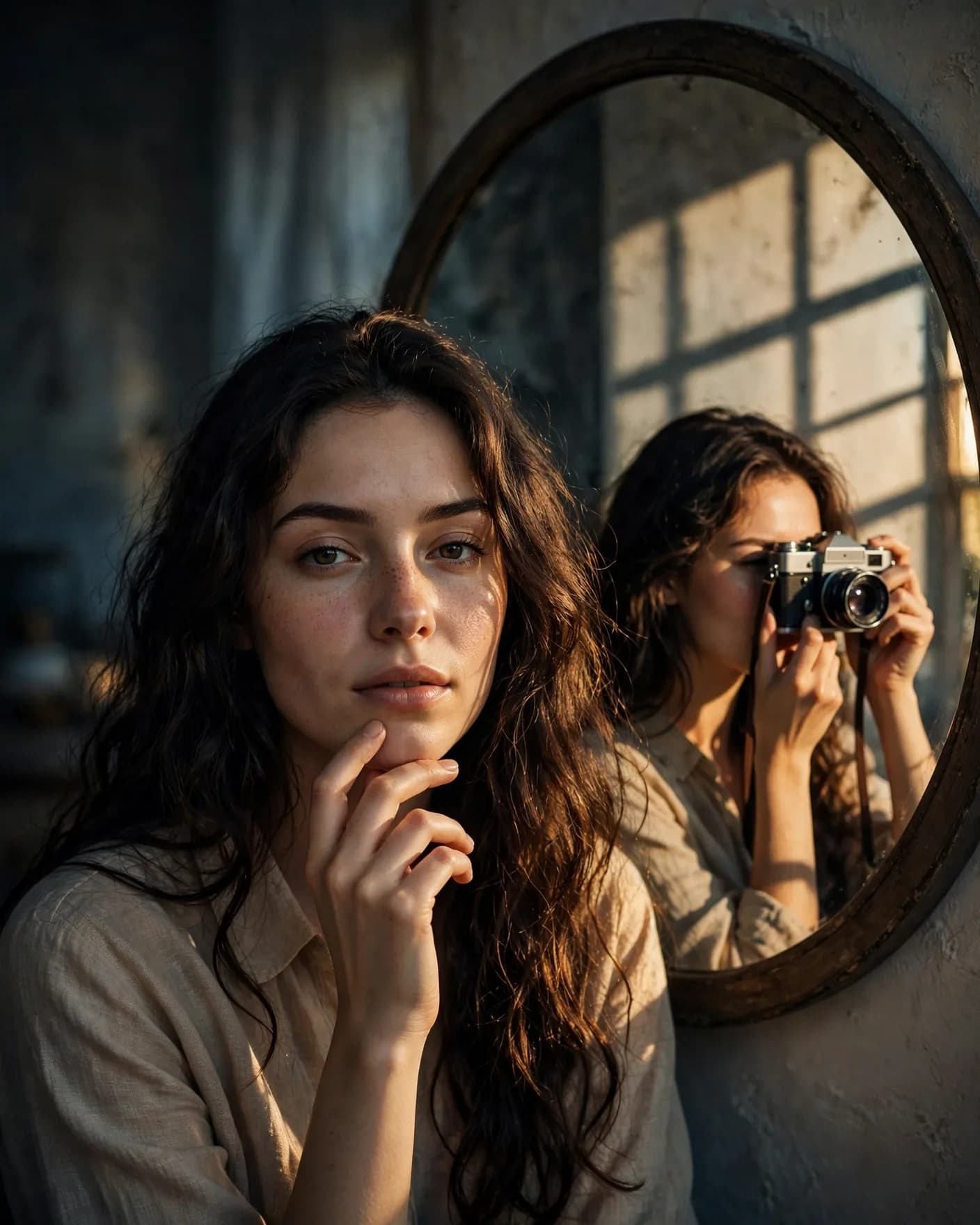 Mirror Reflection Vintage Camera Self-Portrait