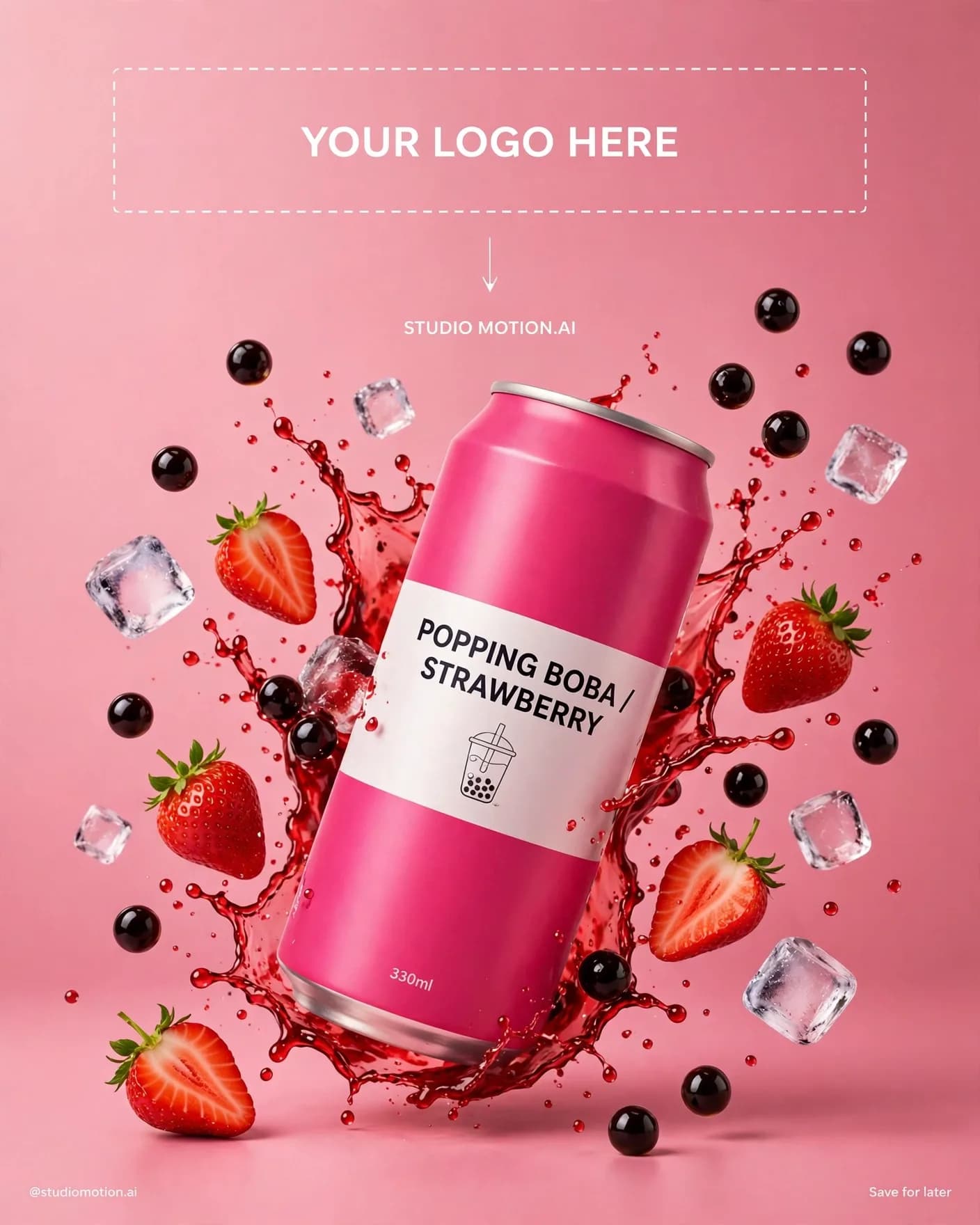 Popping Boba Strawberry Can Beverage Ad Editable AI Prompt