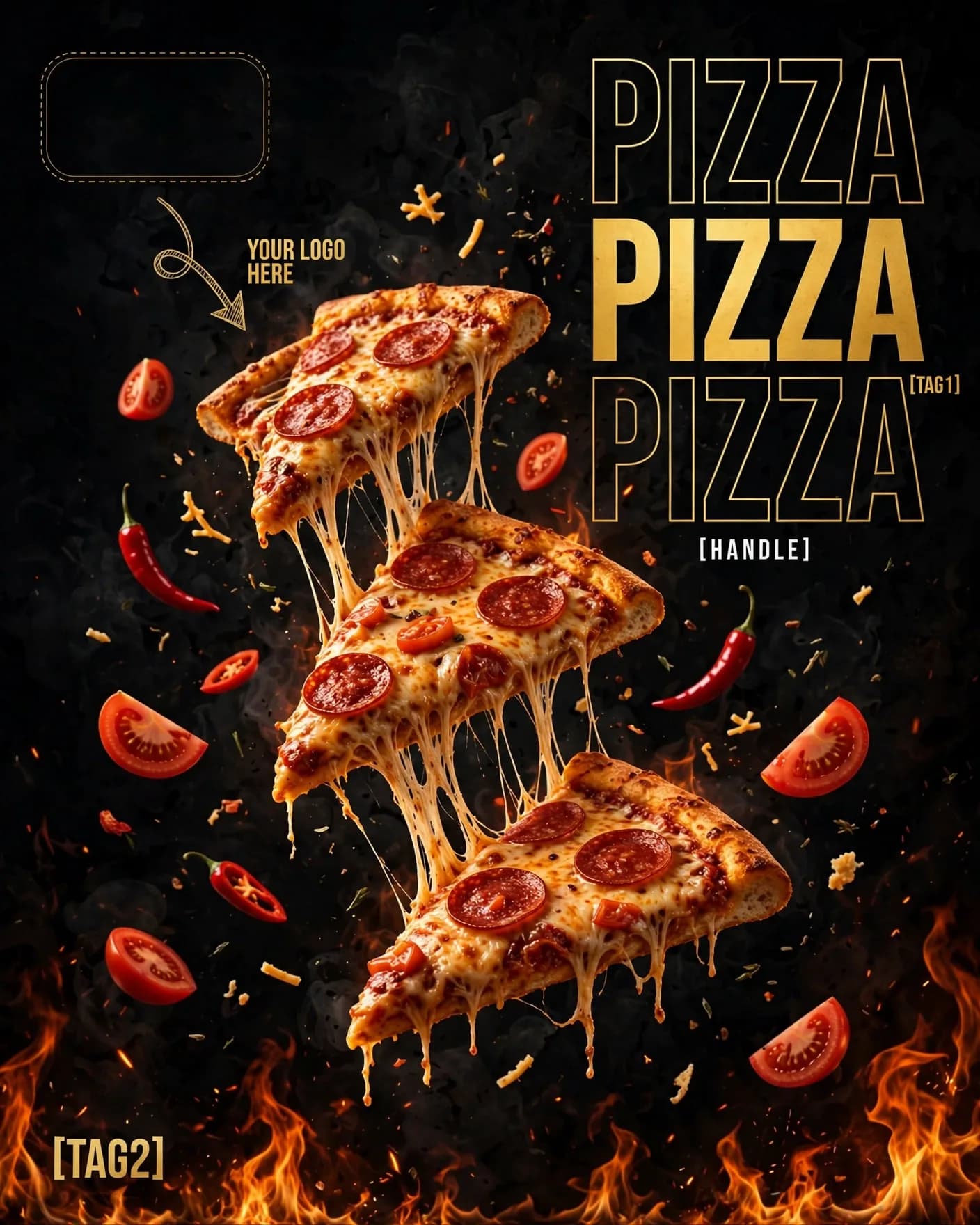 Dark Dramatic Pizza Poster Cheese Pull Fire Editable AI Prompt