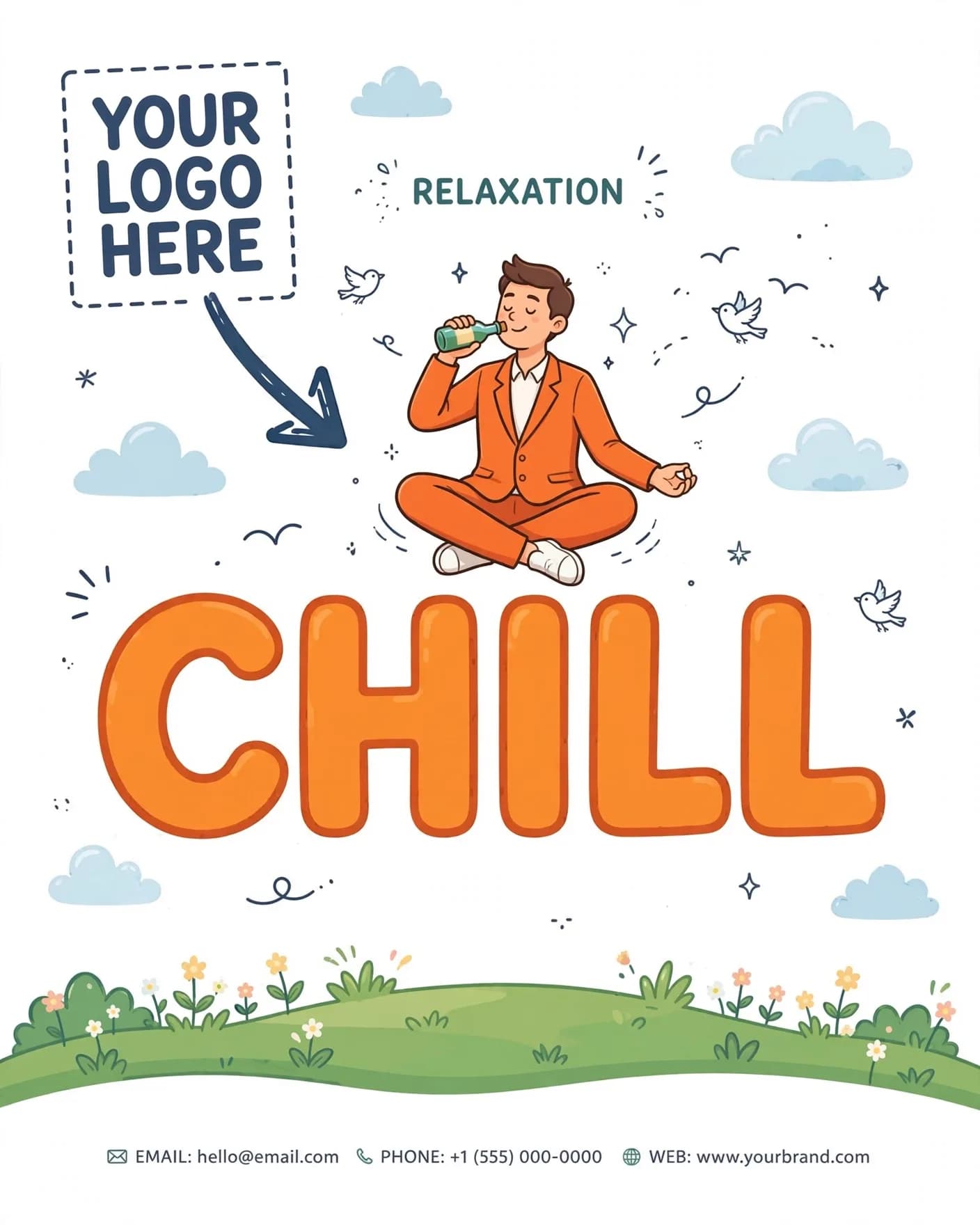 Chill Levitate Orange Suit Relaxation Promo Editable AI Prompt