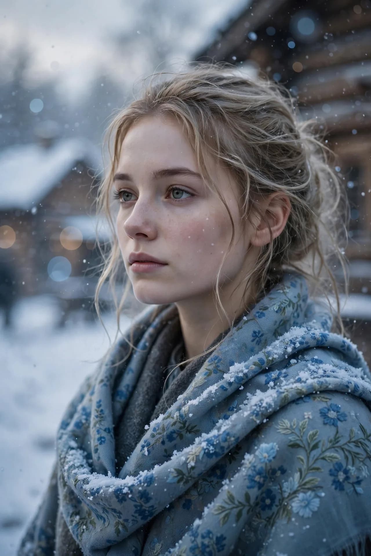 Winter Village Snow Portrait Prompt — Cinematic Bokeh Look