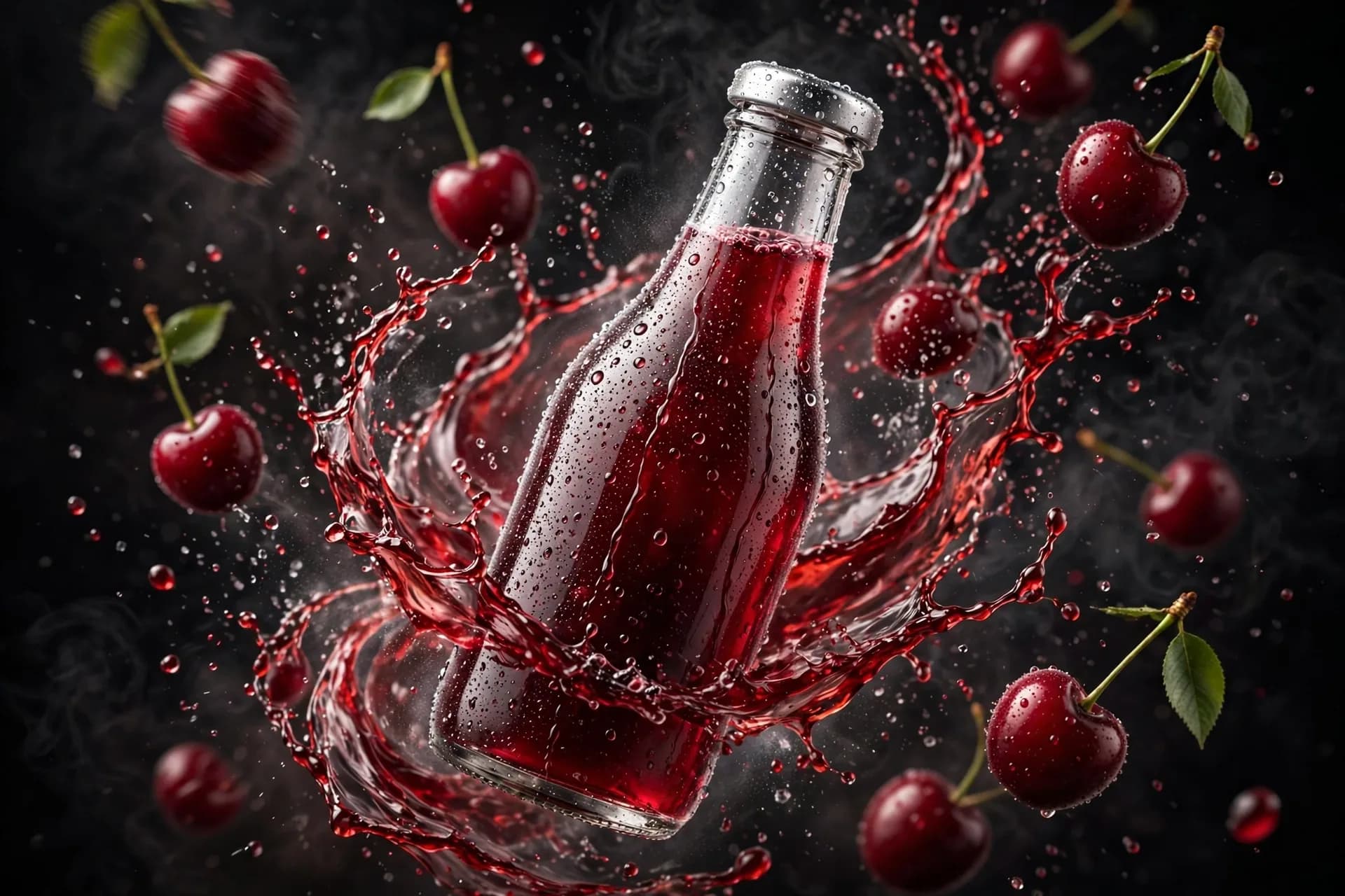 Levitating Cherry Juice Bottle Ad Prompt