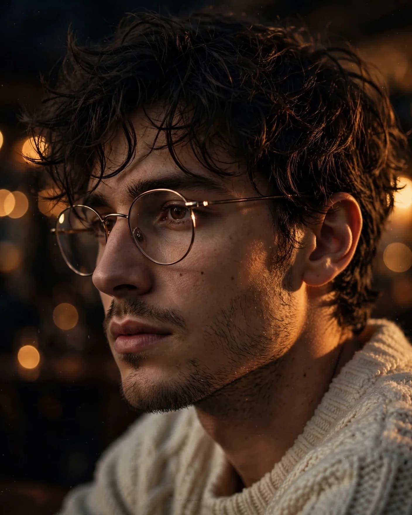 Warm Amber Cinematic Portrait Prompt — Low-Light Editorial Close-Up