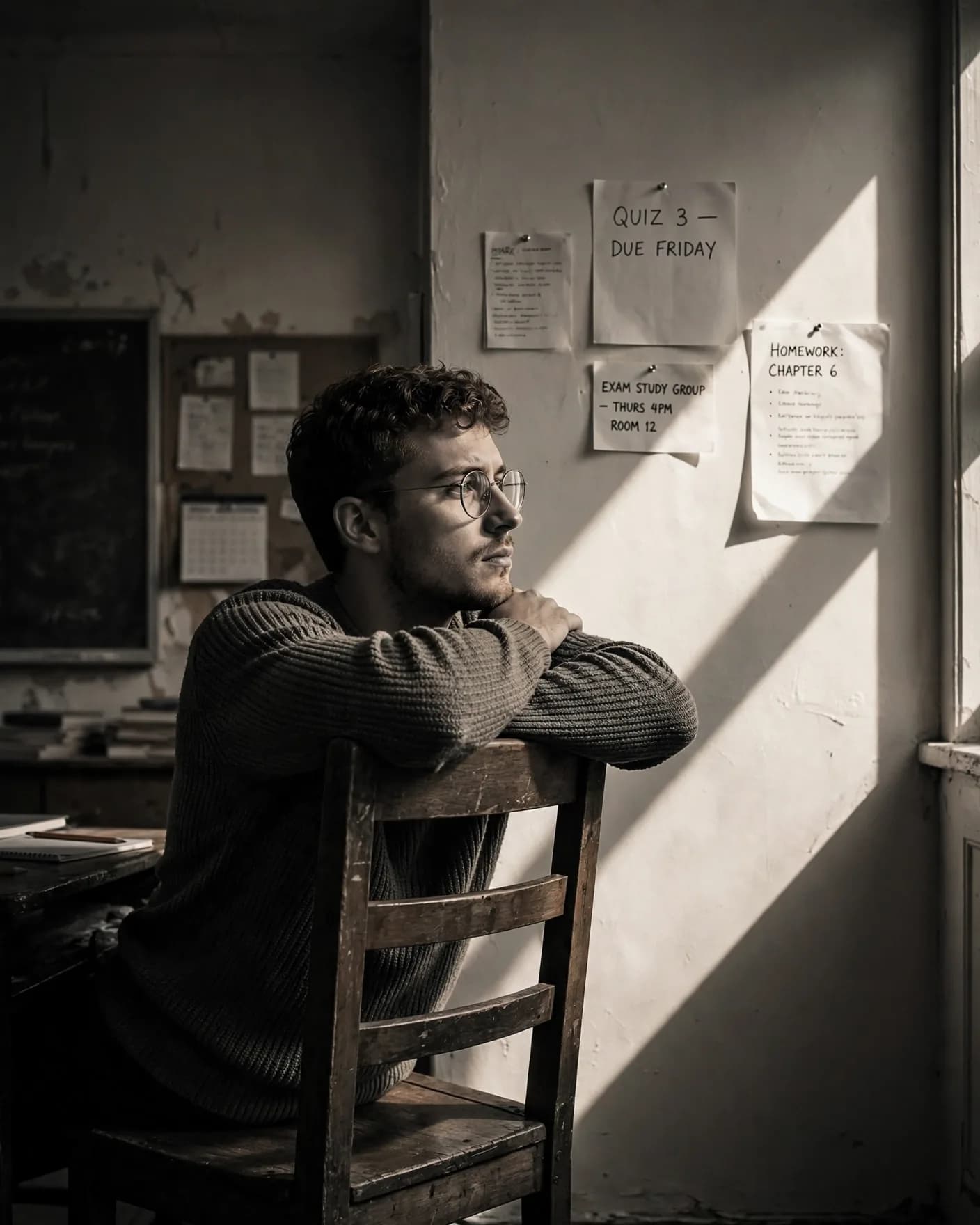 Classroom Window Light Portrait Prompt — B&W Geometric Shadows (4:5)