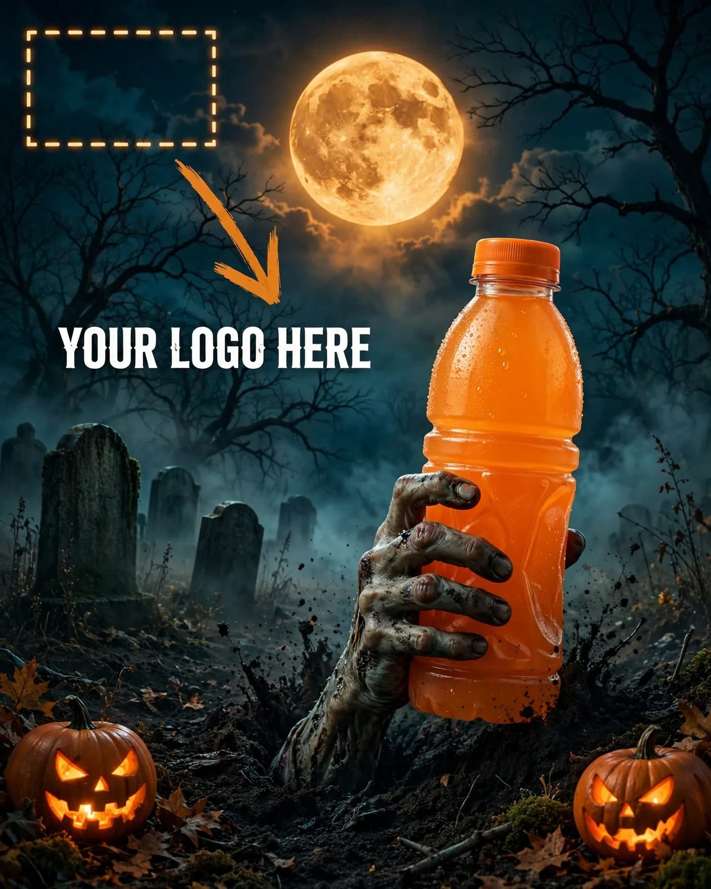 Halloween Zombie Hand Sports Drink Graveyard Night Ad Editable AI Prompt