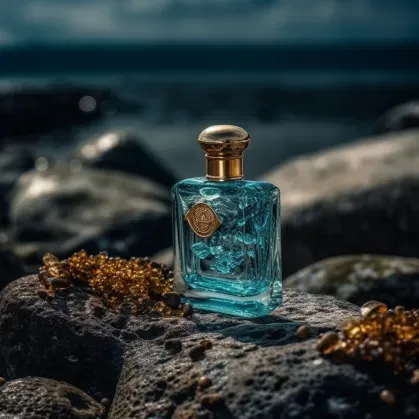 Teal perfume bottle on textured dark volcanic rock with ambient studio lighting