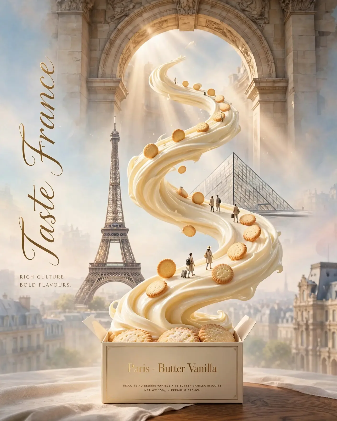 Taste France Biscuits Spiral Campaign — Luxury Snack Brand Poster | Editable AI Prompt