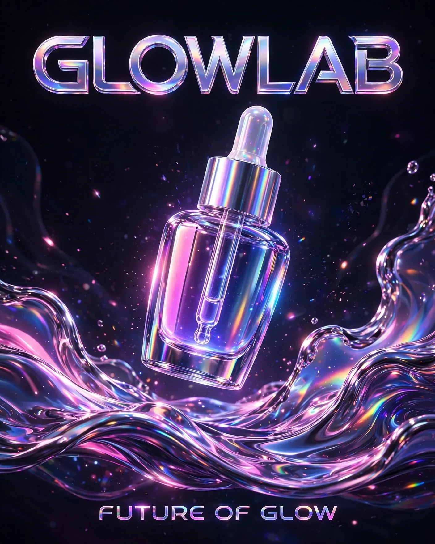 GLOWLAB Holographic Iridescent 3D Style Brand Poster — Editable AI Prompt