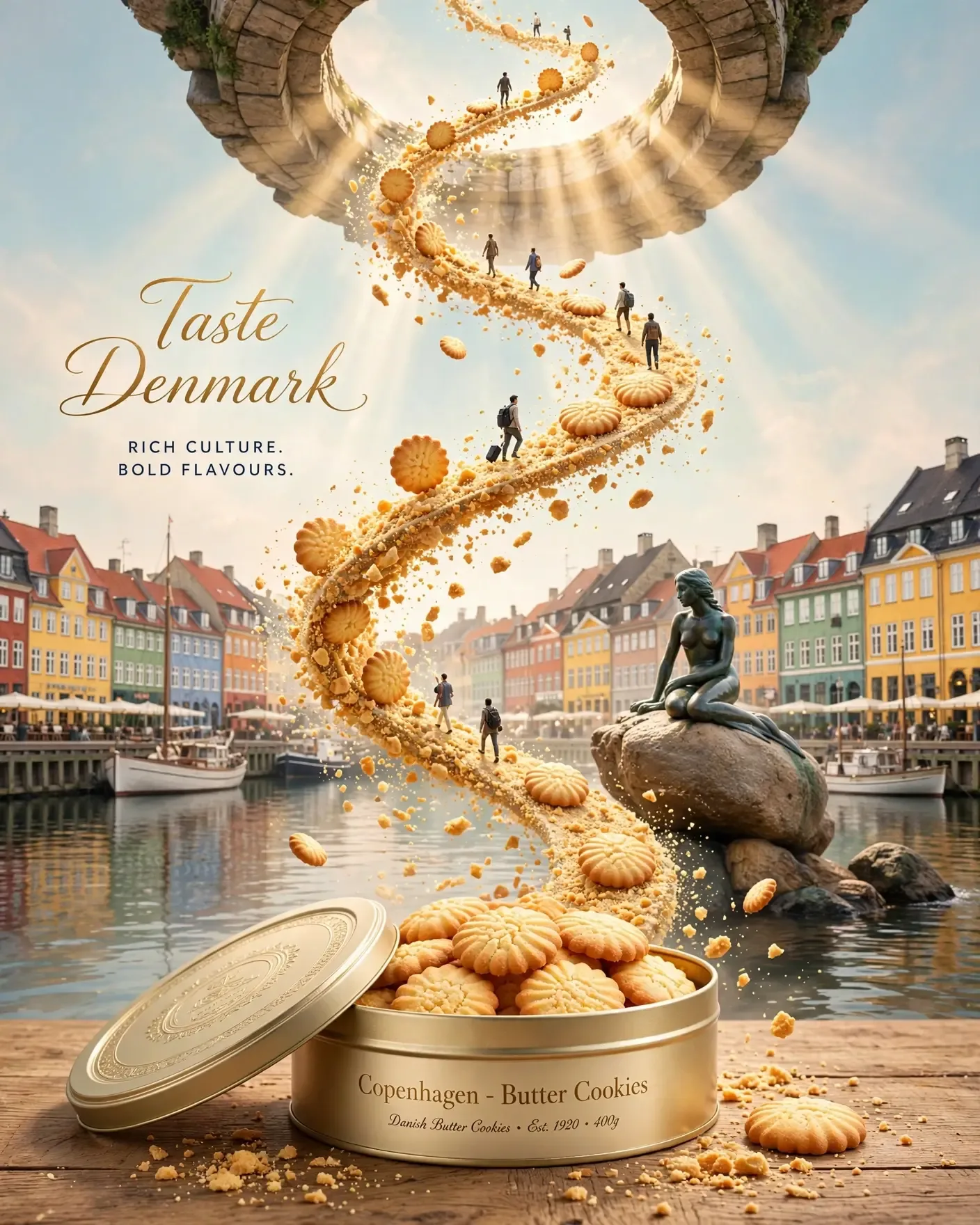Taste Denmark Butter Cookies Spiral Campaign — Luxury Snack Brand Poster | Editable AI Prompt