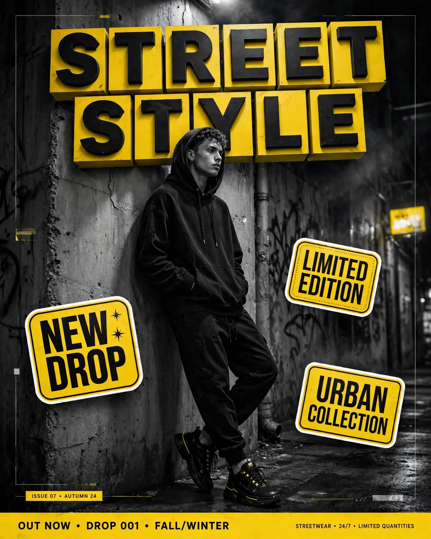 Streetwear Fashion Promo Poster — Bold Urban Drop Graphic | Editable AI Prompt