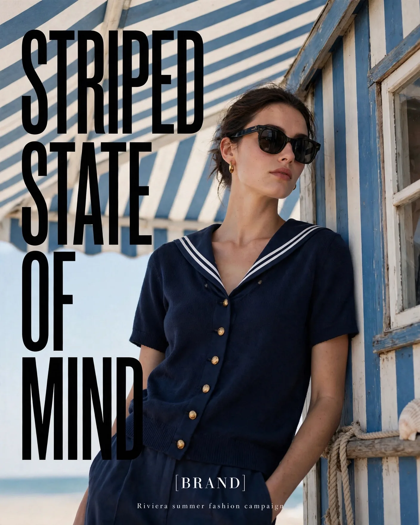Striped Summer Editorial — Blue-White Riviera Campaign Poster | Editable AI Prompt