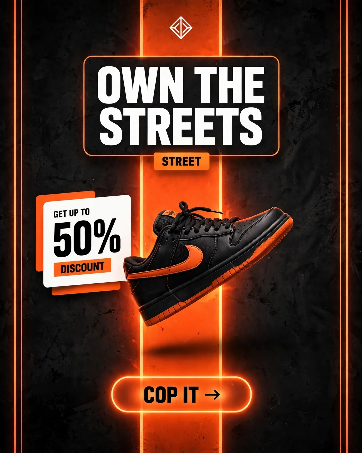 OWN THE STREETS Skate Shoe Campaign — Neon Orange Sale Poster | Editable AI Prompt