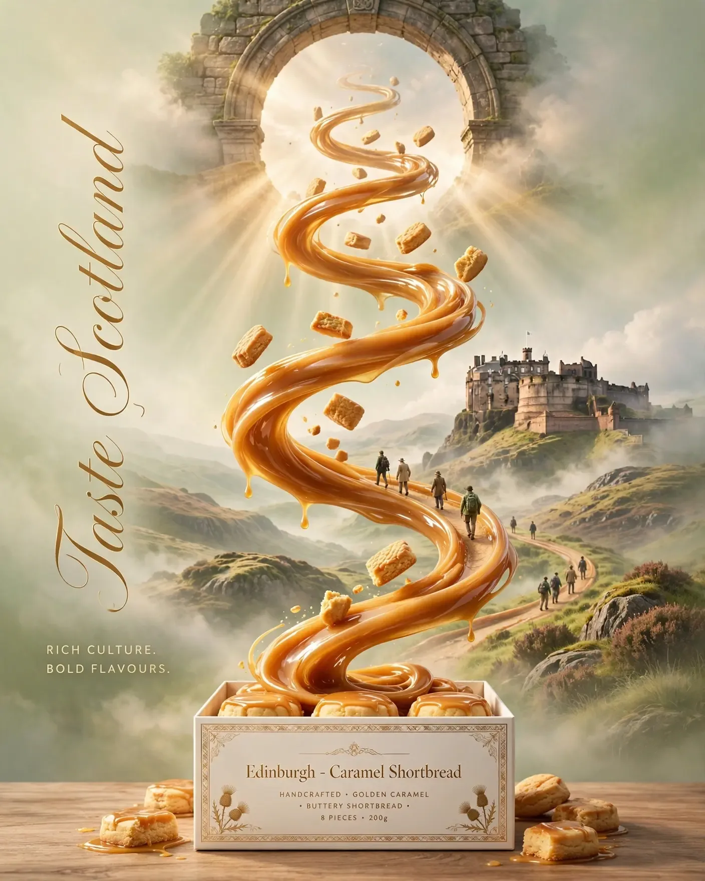 Taste Scotland Shortbread Spiral Campaign — Luxury Snack Brand Poster | Editable AI Prompt