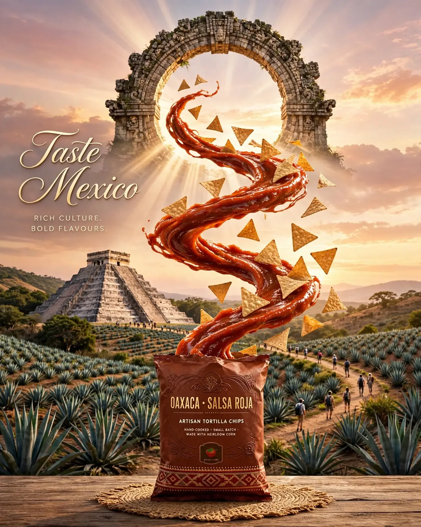 Taste Mexico Tortilla Chips Spiral Campaign — Luxury Snack Brand Poster | Editable AI Prompt