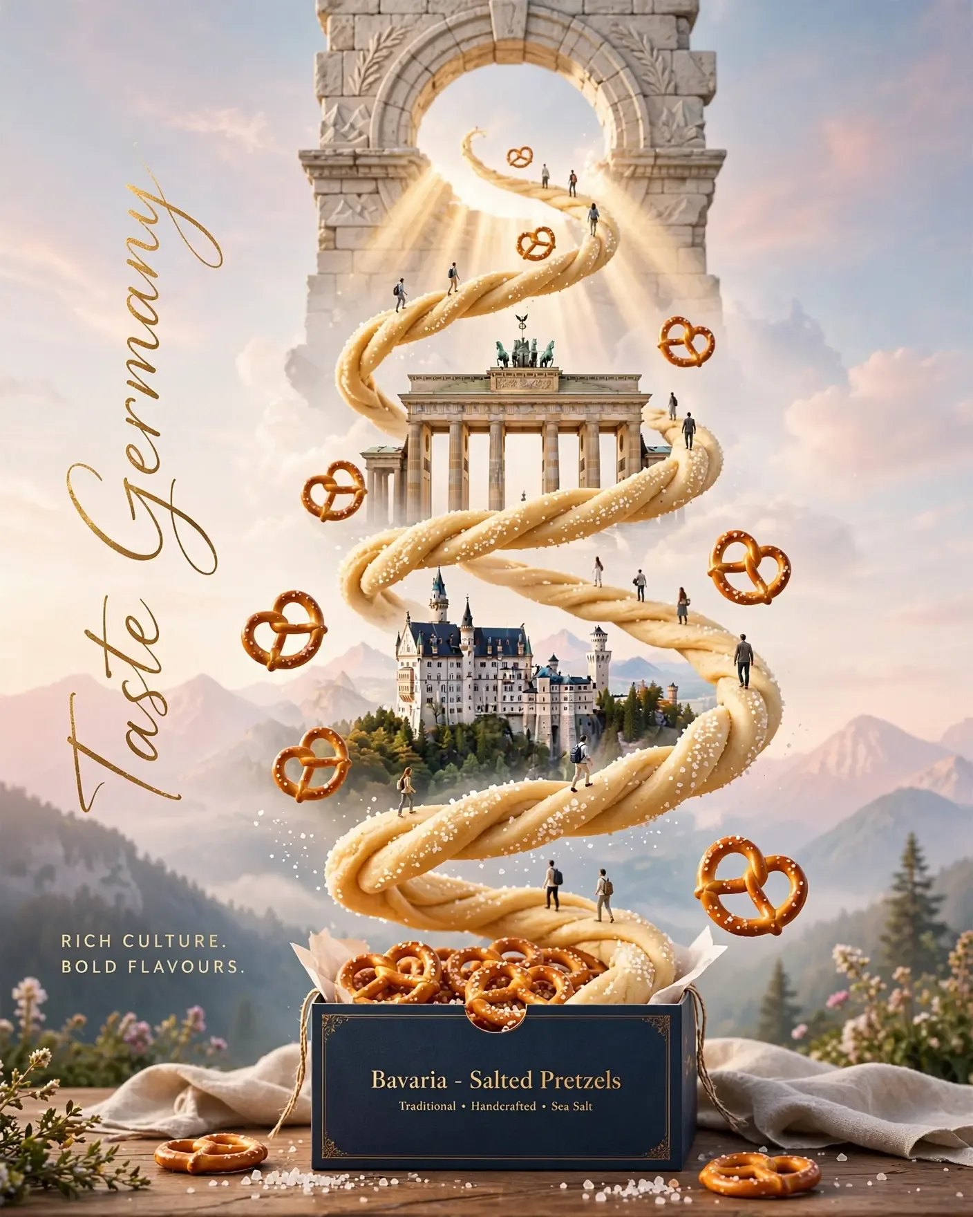 Taste Germany Pretzels Spiral Campaign — Luxury Snack Brand Poster | Editable AI Prompt