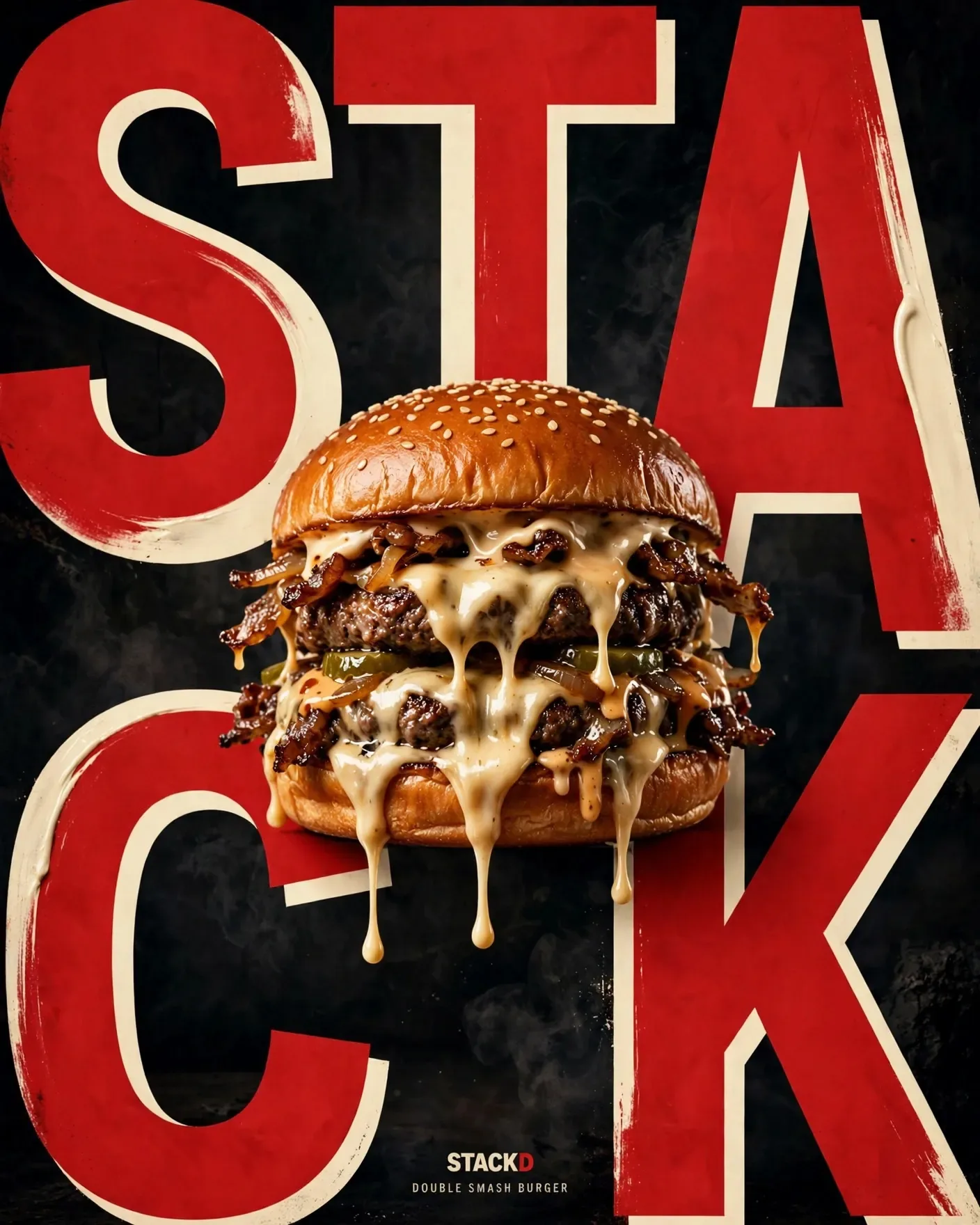 STACK Burger Campaign — Bold Typography Food Key Visual | Editable AI Prompt