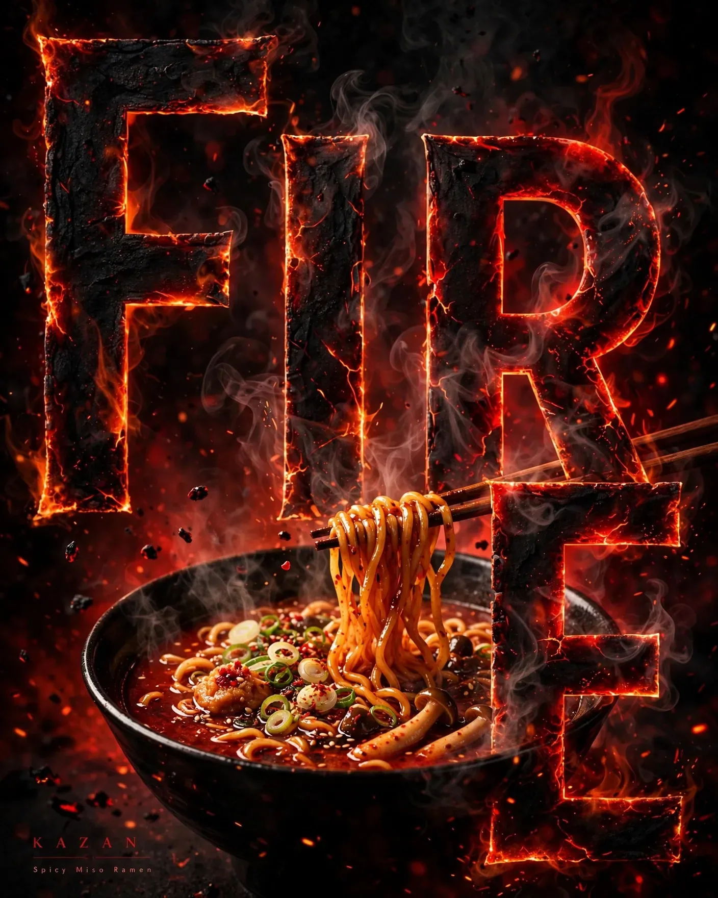 FIRE Ramen Campaign — Bold Typography Food Key Visual | Editable AI Prompt