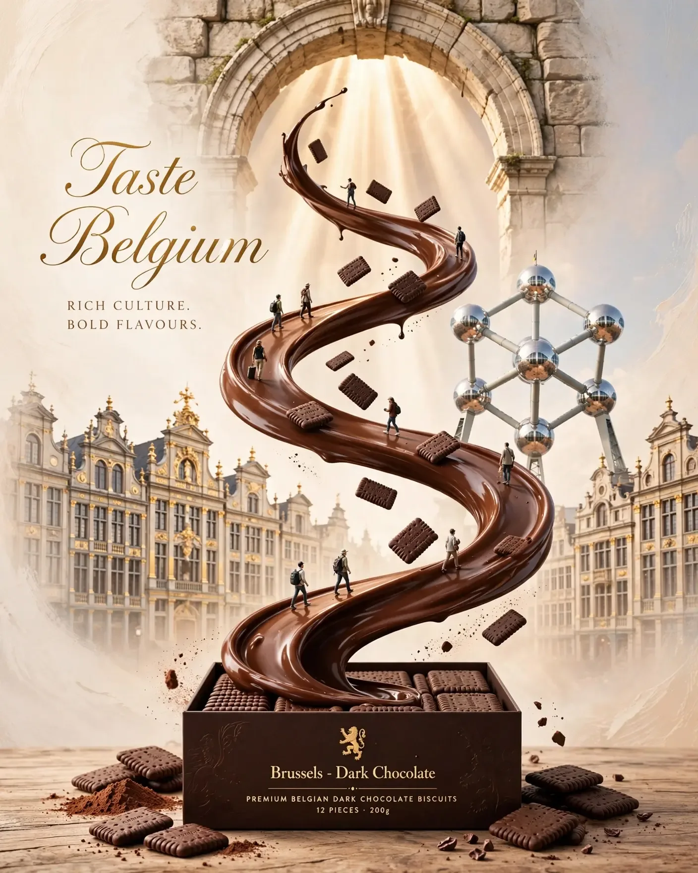 Taste Belgium Chocolate Biscuits Spiral Campaign — Luxury Snack Brand Poster | Editable AI Prompt
