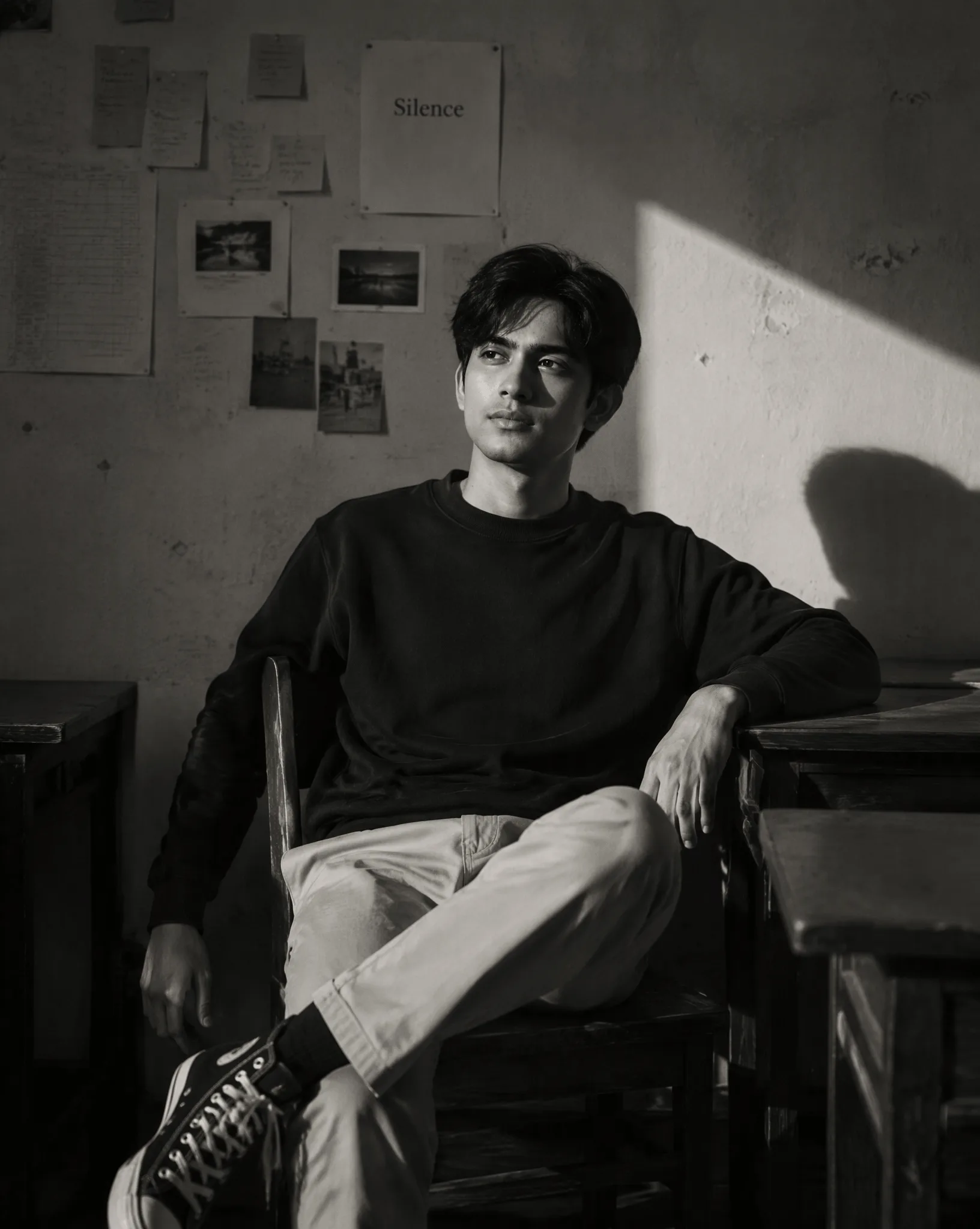 Cinematic Classroom Black and White Portrait AI Prompt