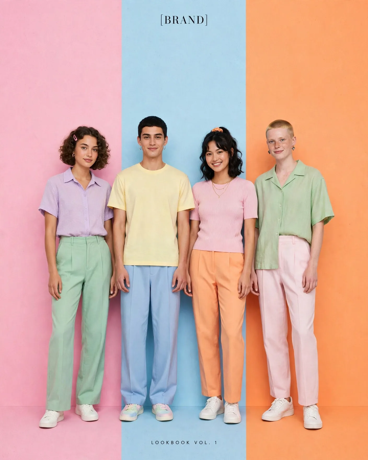 Pastel Lookbook Poster — Color-Block Trouser Lineup Campaign | Editable AI Prompt
