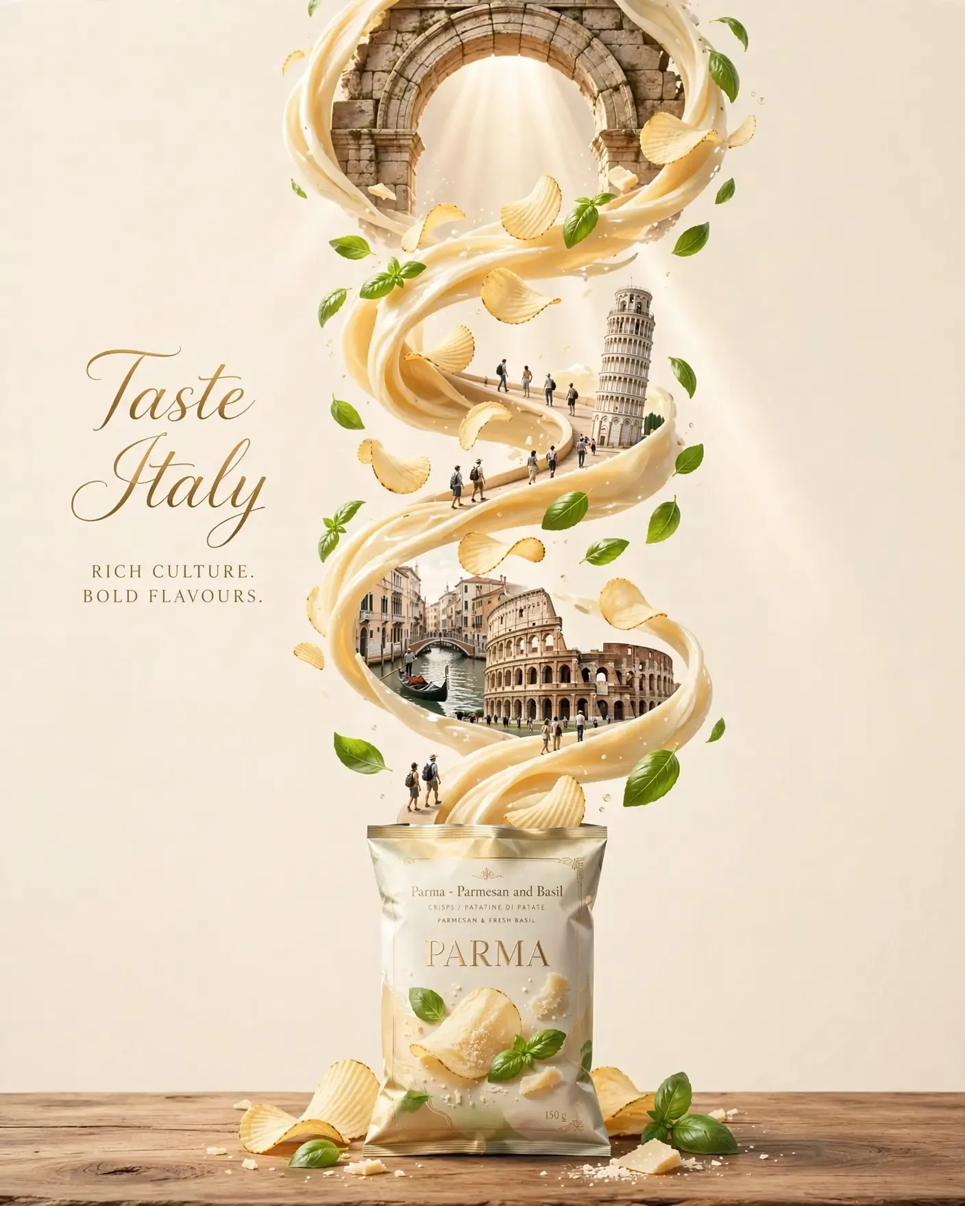 Taste Italy Potato Chips Spiral Campaign — Luxury Snack Brand Poster | Editable AI Prompt