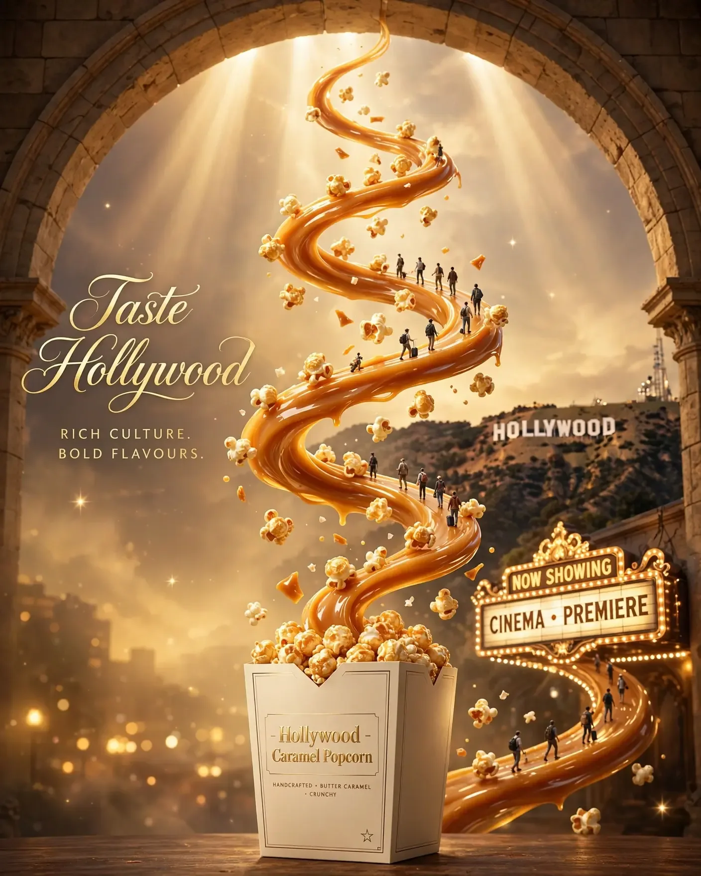 Taste Hollywood Popcorn Spiral Campaign — Luxury Snack Brand Poster | Editable AI Prompt