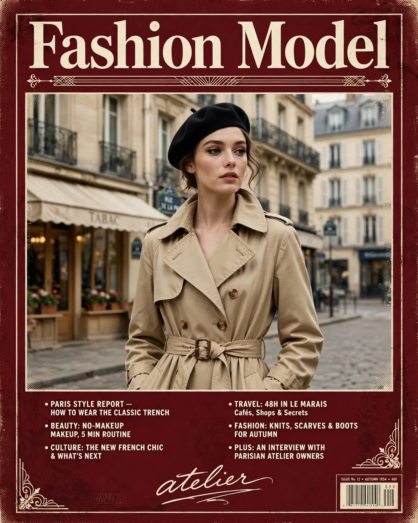 Burgundy Vintage Cover — Trench-Coat Retro Issue Poster | Editable AI Prompt