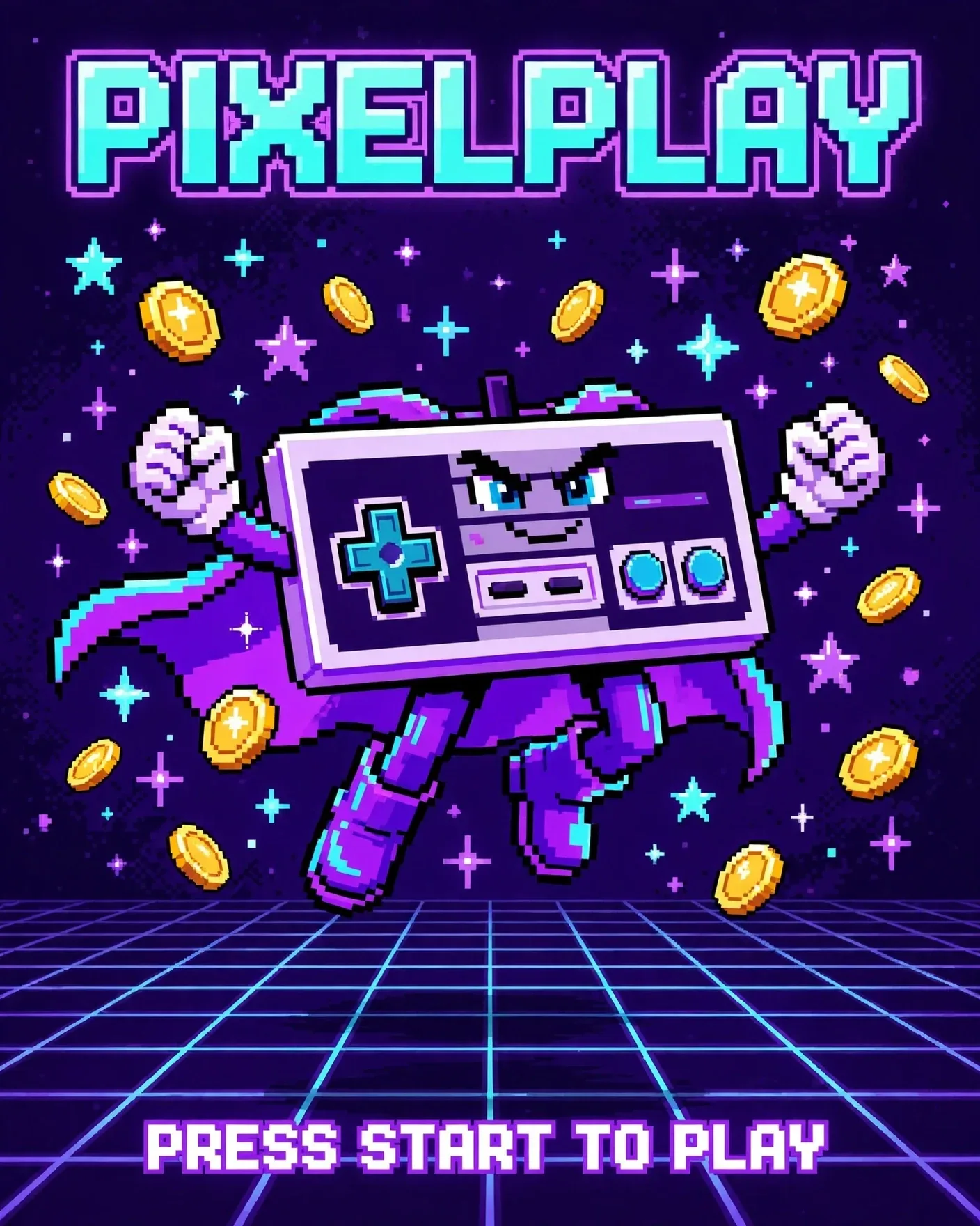 PIXELPLAY 8-Bit Pixel Art Style Brand Poster — Editable AI Prompt