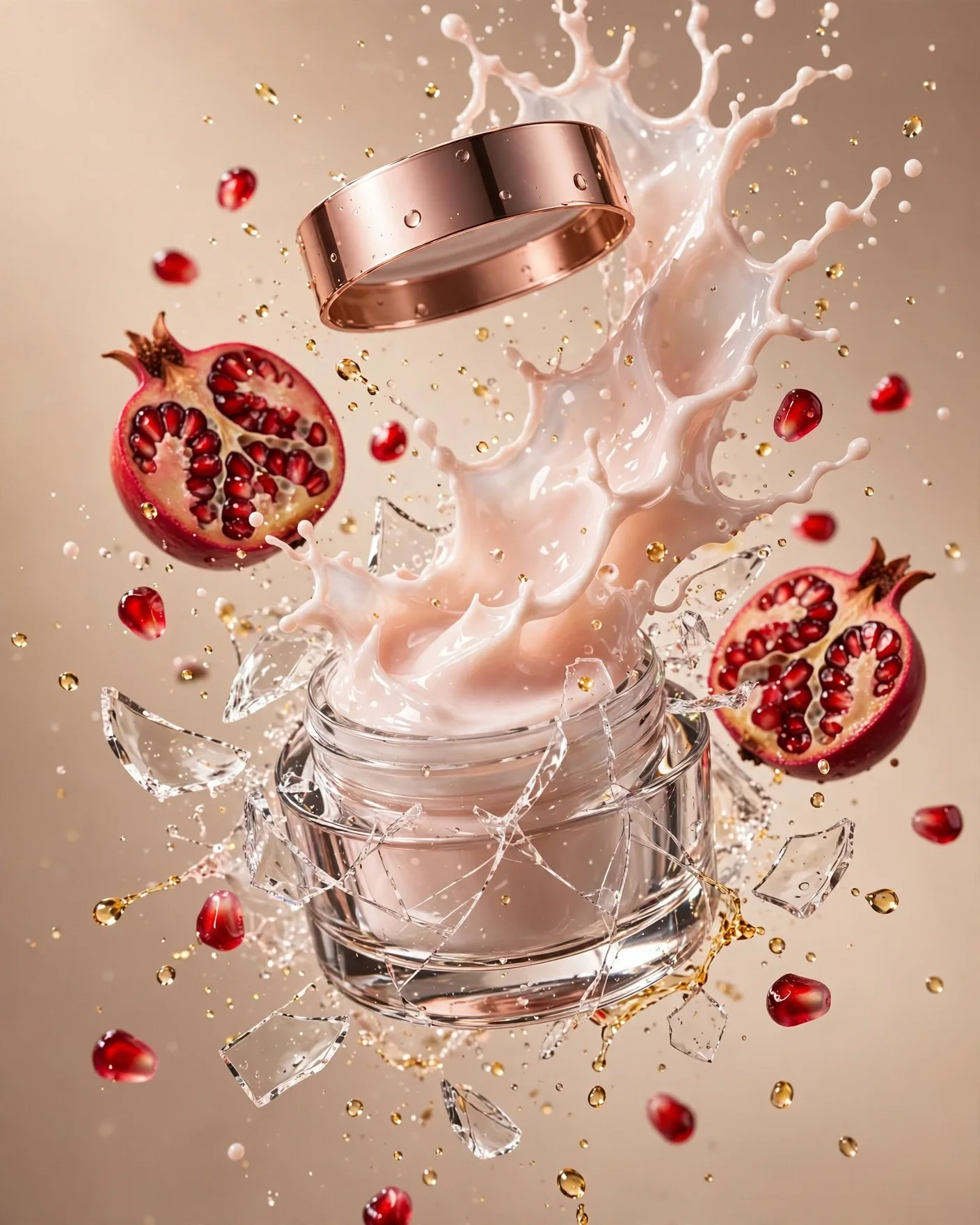 Pomegranate Collagen Cream Ad Prompt — Exploding Splash (4:5)