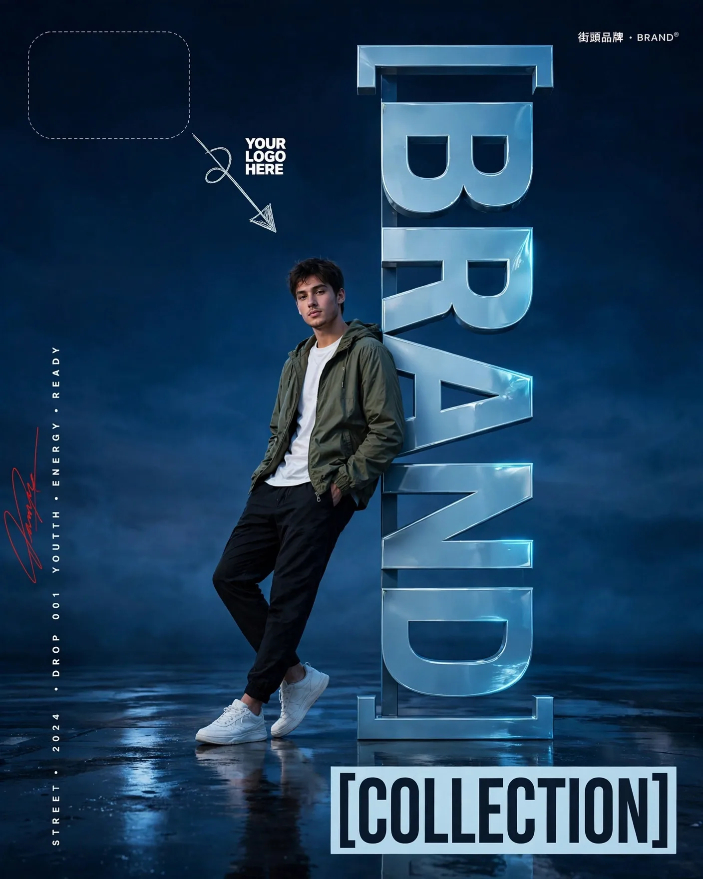Streetwear Urban Blue Mood Giant Letters Brand Poster Editable AI Prompt
