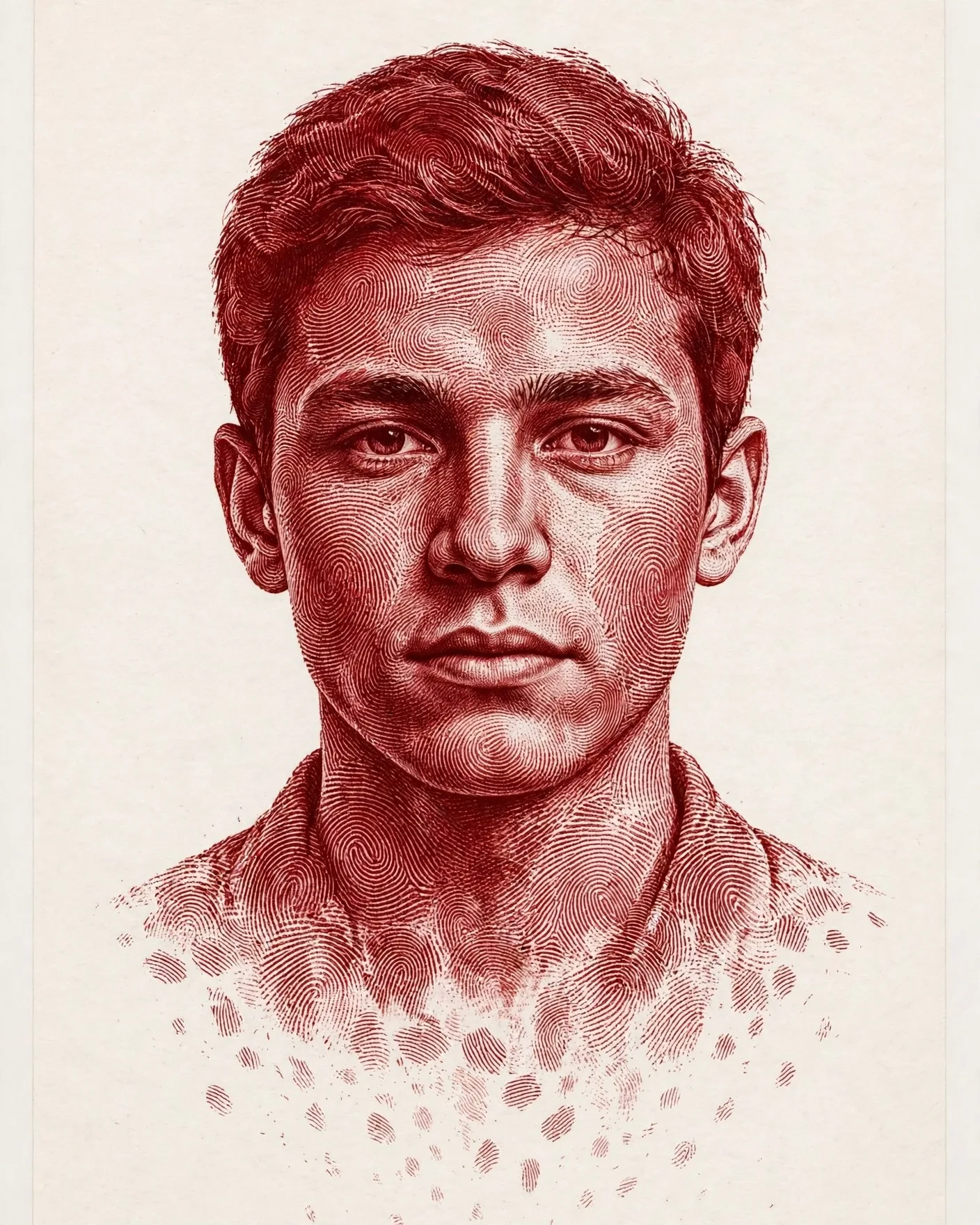 Fingerprint Art Portrait Prompt — Monochrome Crimson Forensic Artwork