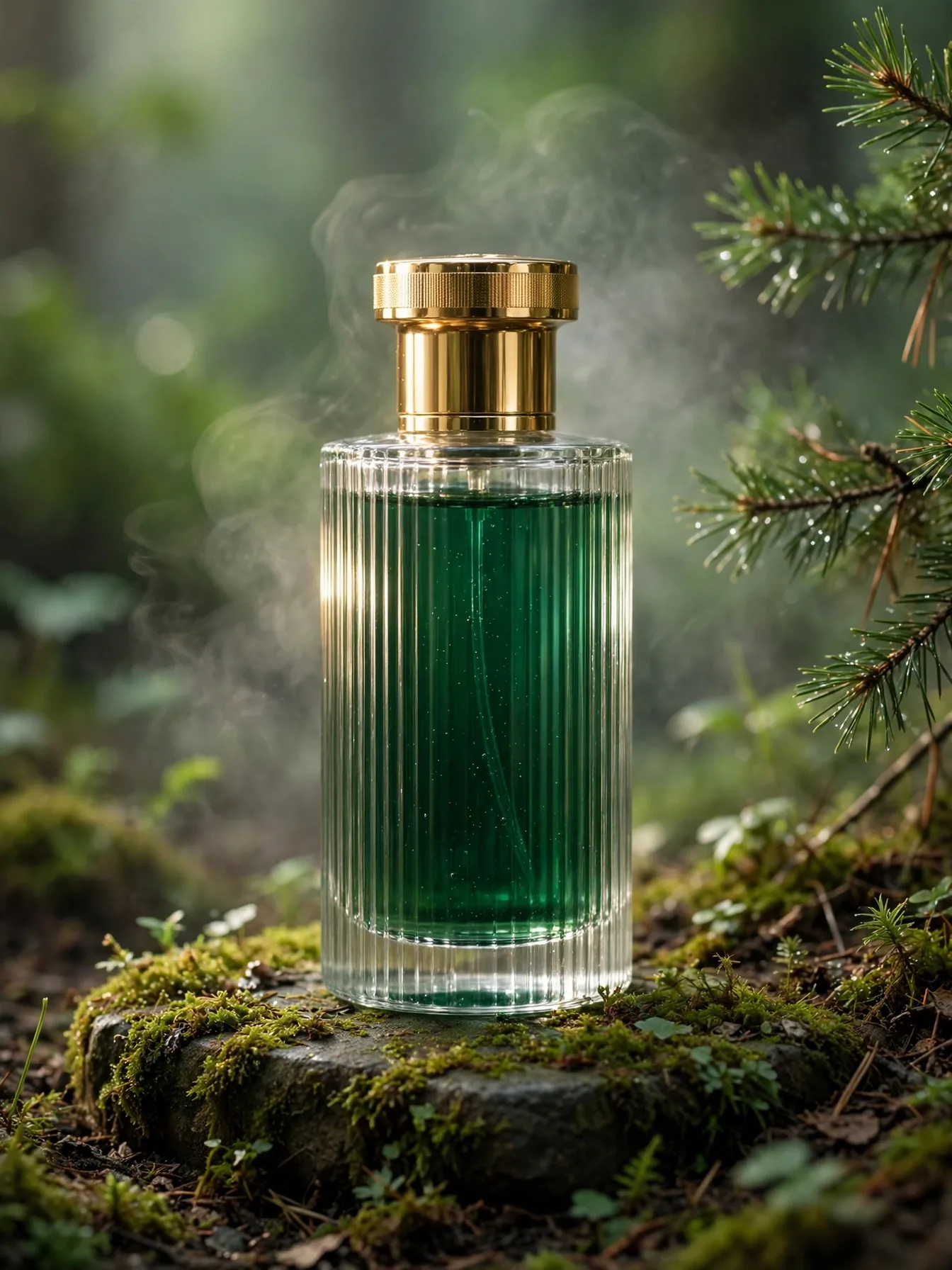 Forest Green Perfume Bottle Cinematic Ad Prompt