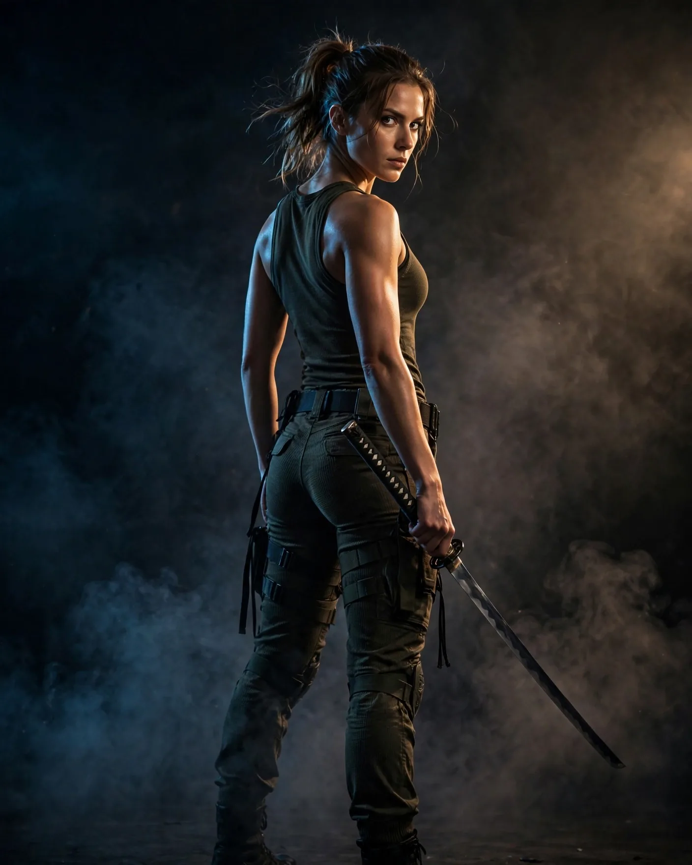 Over-the-Shoulder Katana Studio Portrait Prompt