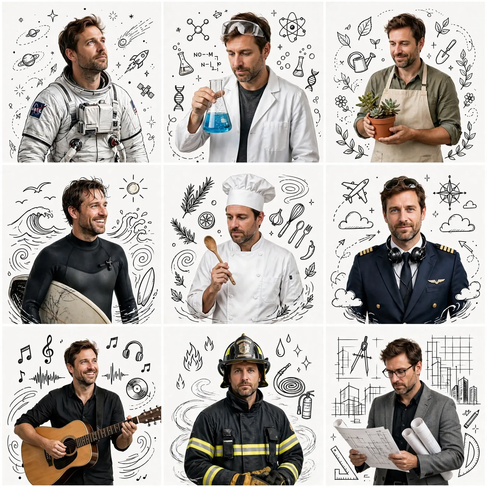 Dream Professions Collage Prompt — 9-Scene Doodle Grid
