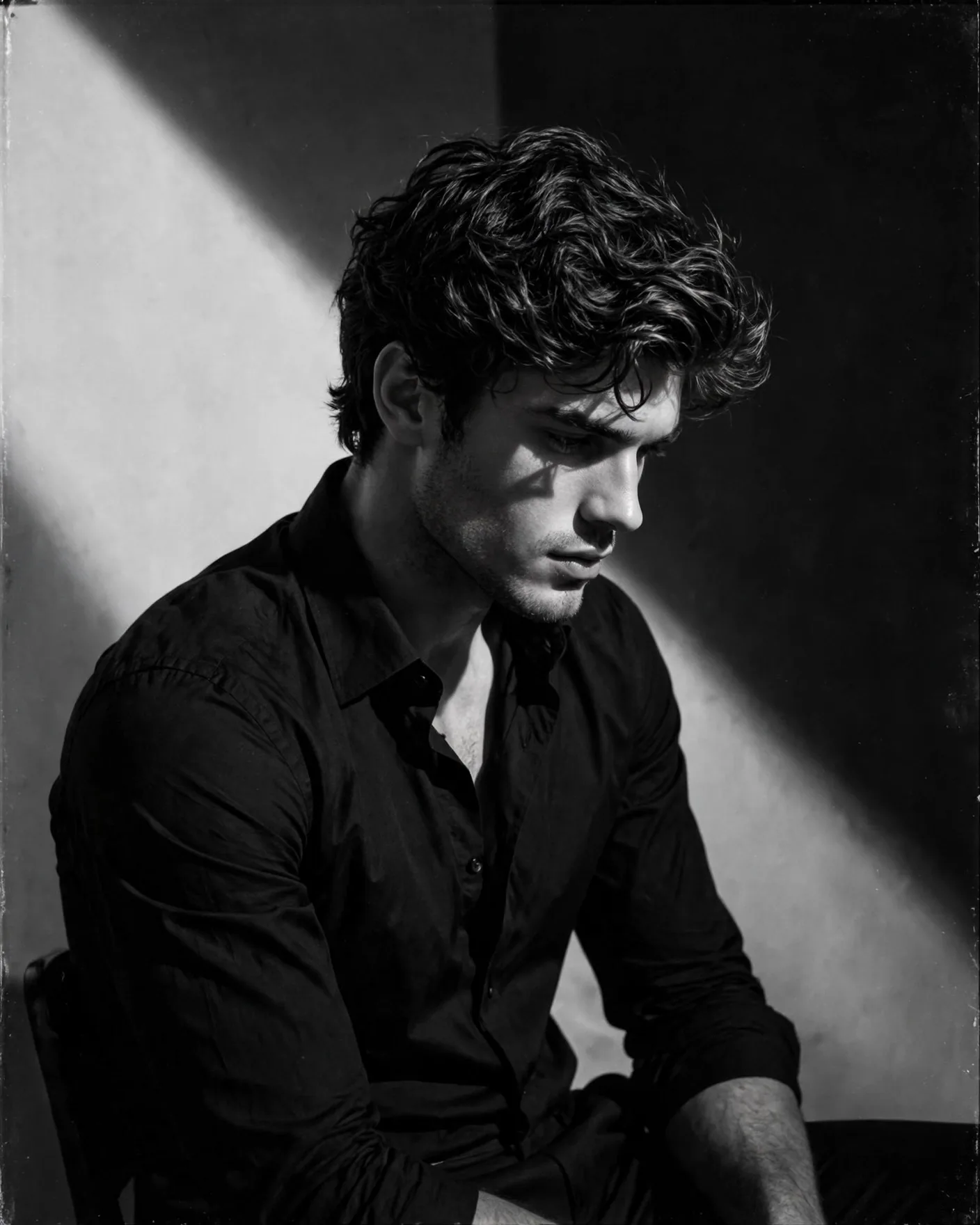 Rembrandt Noir Men's Portrait Prompt — Diagonal Light Beam (4:5)