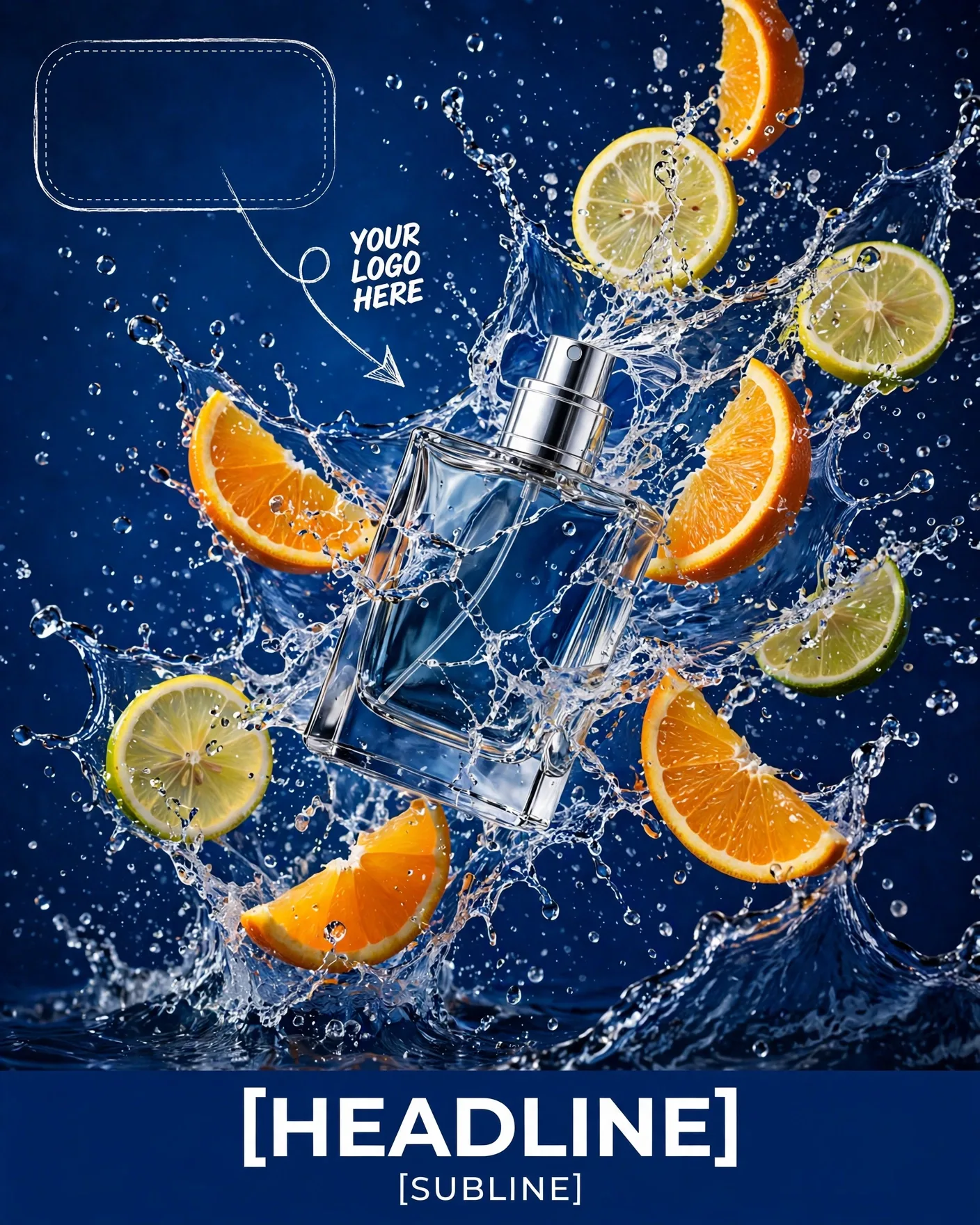 Splash Freeze Perfume Ad Poster Dynamic Water Explosion Editable AI Prompt